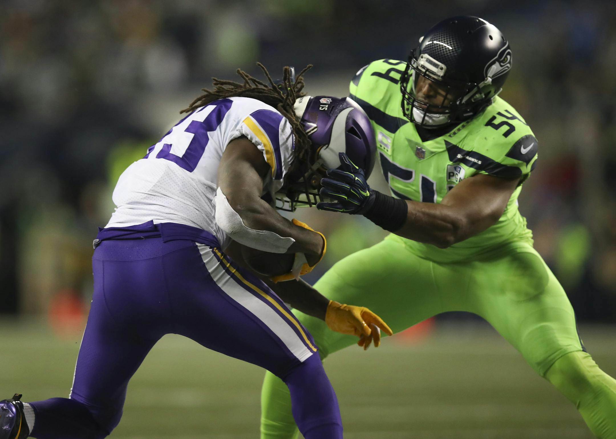 Seattle Seahawks middle linebacker Bobby Wagner (54) was penalized for this stop of Minnesota Vikings running back Dalvin Cook (33) in the first quarter. ] JEFF WHEELER &#xef; jeff.wheeler@startribune.com The Minnesota Vikings faced the Seattle Seahawks in an NFL game Monday night, December 10, 2018 at CenturyLink Field in Seattle, WA.