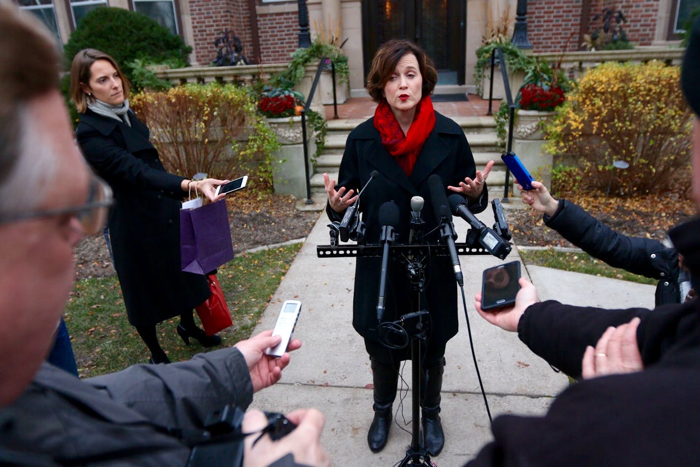 Minneapolis Mayor Betsy Hodges met with reporters outside the governor's mansion after a meeting with the local an national leadership of the NAACP and Gov. Mark Dayton.