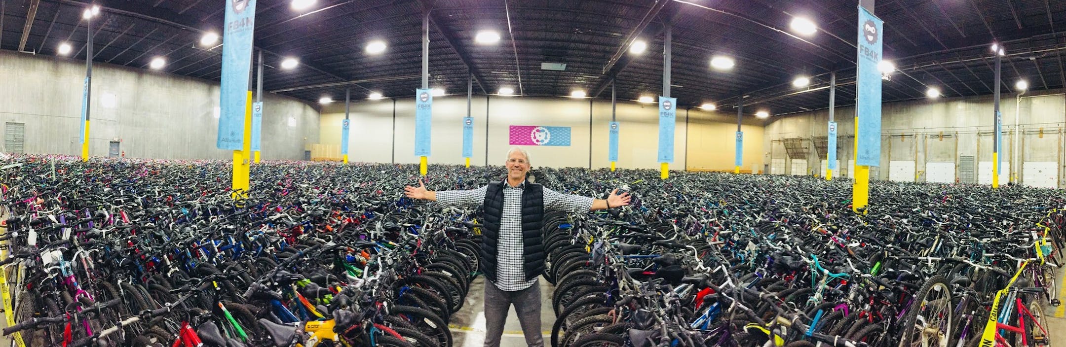 Free Bikes 4 Kidz Founder Terry Esau shows off the more than 9,000 used bicycles collected on Oct. 7. Now volunteers will clean, sort and repair the bikes being stored in a New Hope warehouse and will give them to needy children and famliies by the holidays.
Source: Free Bikes 4 Kidz