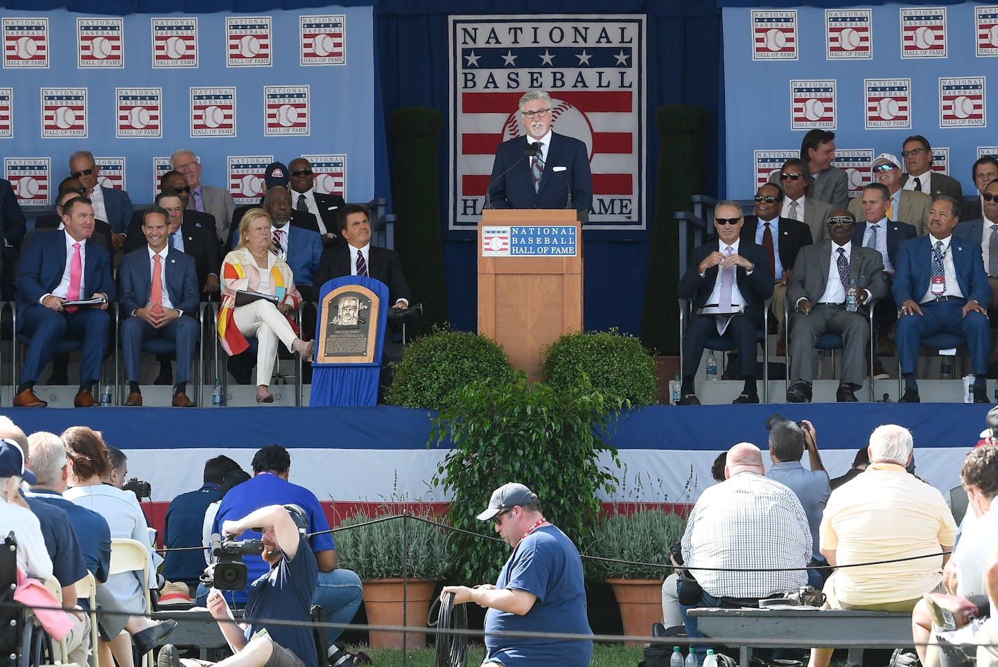 2018 Baseball Hall of Fame inductee Jack Morris, top center, speaks during the induction ceremony in Cooperstown, NY. Members of the Hall are voted in by 10-year members of the BBWAA. Jim Souhan has stopped voting.