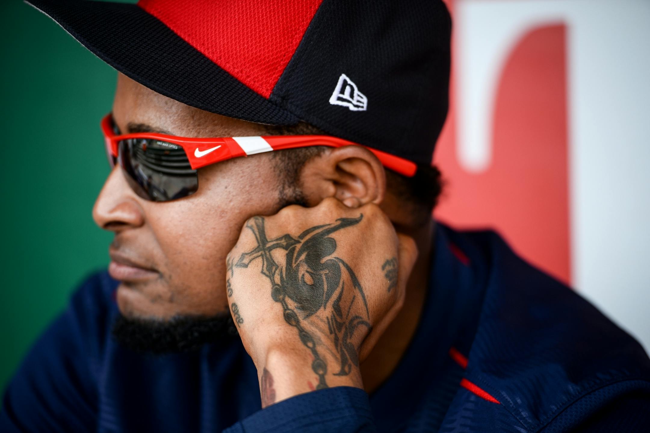 Minnesota Twins starting pitcher Ervin Santana (54) rested in the dugout Tuesday while watching live batting practice. He didn't throw Tuesday in batting practice.