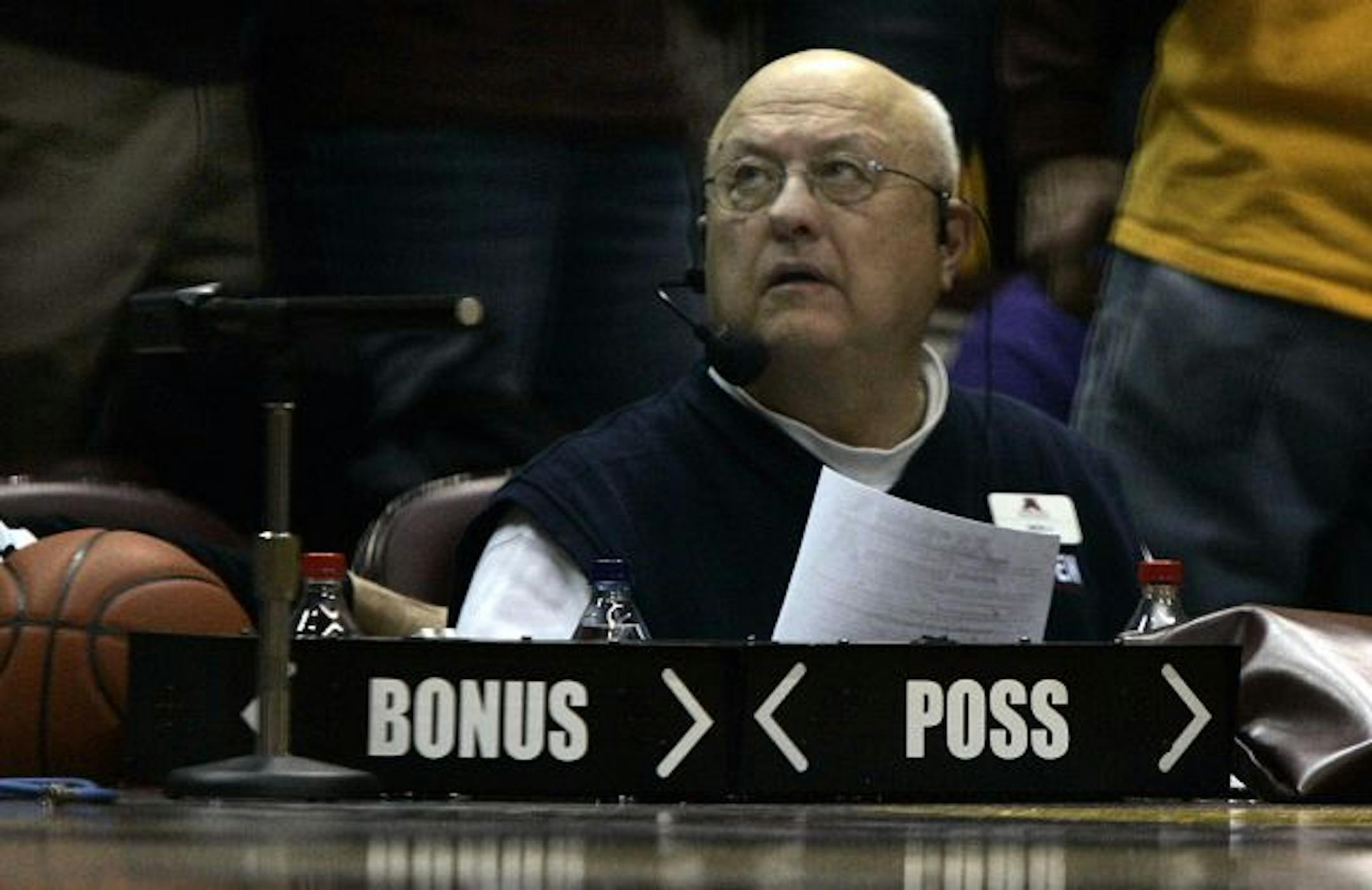 Dick Jonckowski at his familiar spot in Williams Arena earlier this month. He is one of only two PA announcers in the building's 81-year history.
