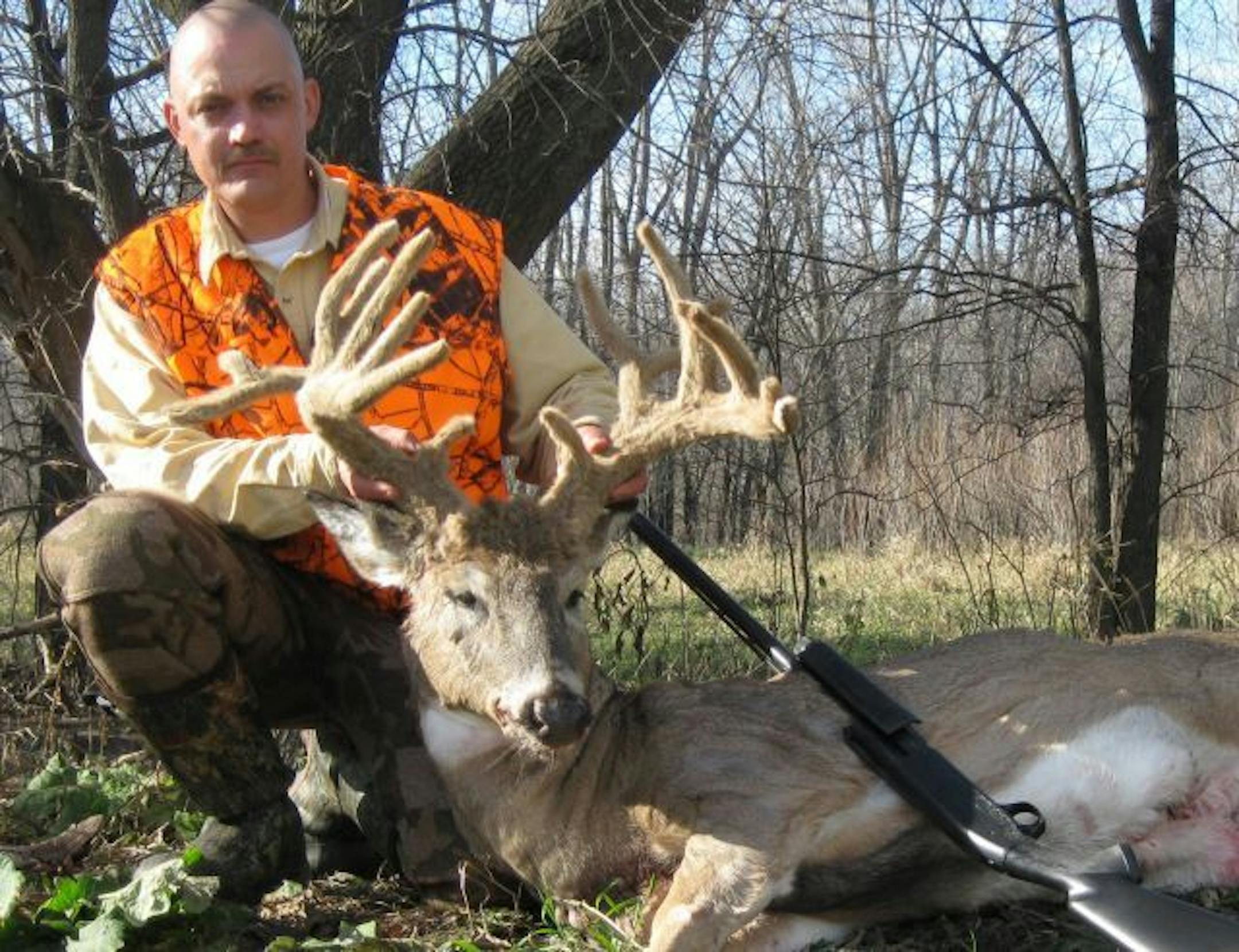 Scott Lindell of Hutchinson bagged this 19-point buck on opening morning of Minnesota's 2010 firearms deer season Saturday. The rack still was covered in velvet, a freak of nature.