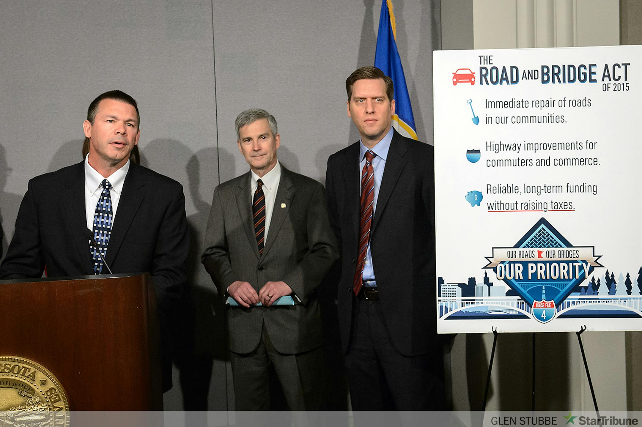House transportation committee chair Rep. Tim Kelly, R-Red Wing spoke at a press conference unveiling the Republican transportation plan. Behind him, Senate Minority Leader David Hann, R-Eden Prairie and House Speaker Kurt Daudt, R-Crown.    ] GLEN STUBBE * gstubbe@startribune.com Monday, March 23, 2015   Leading Republicans in the Minnesota Legislature unveil their alternative to Gov. Mark Dayton's 10-year, $11 billion roads, bridges and transit proposal. The GOP is promising a "10-year, comprehensive approach to prioritizing road and bridge infrastructure."