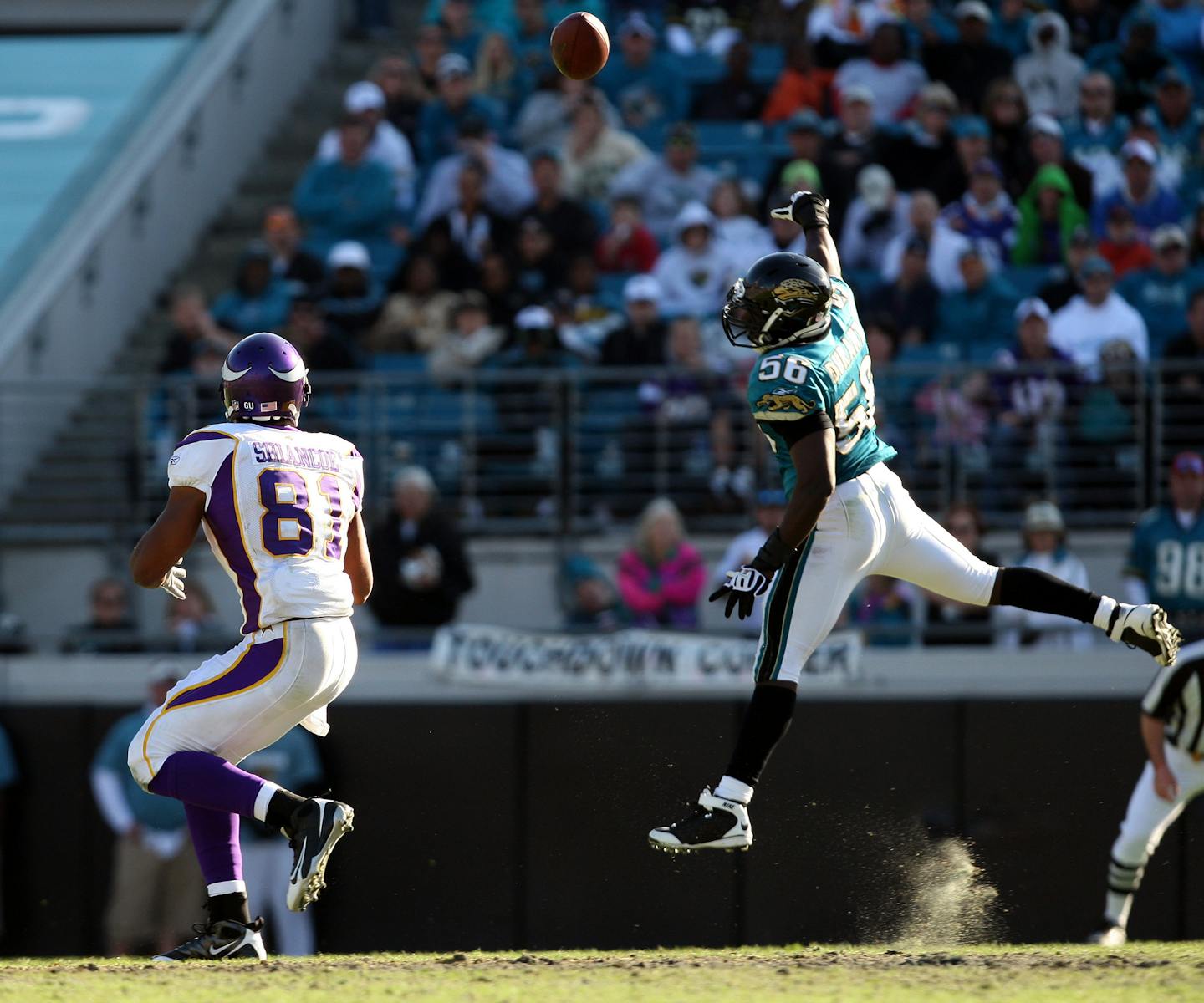 CARLOS GONZALEZ � cgonzalez@startribune.com November 23, 2008 � Jacksonville, FL � NFL � Jacksonville Municipal Stadium - Minnesota Vikings vs. Jacksonville Jaguars ] Visanthe Shiancoe (81) caught and ran with a pass for a 40-yard gain in the third quarter. Minnesota beat Jacksonville by a final score of 30-12.