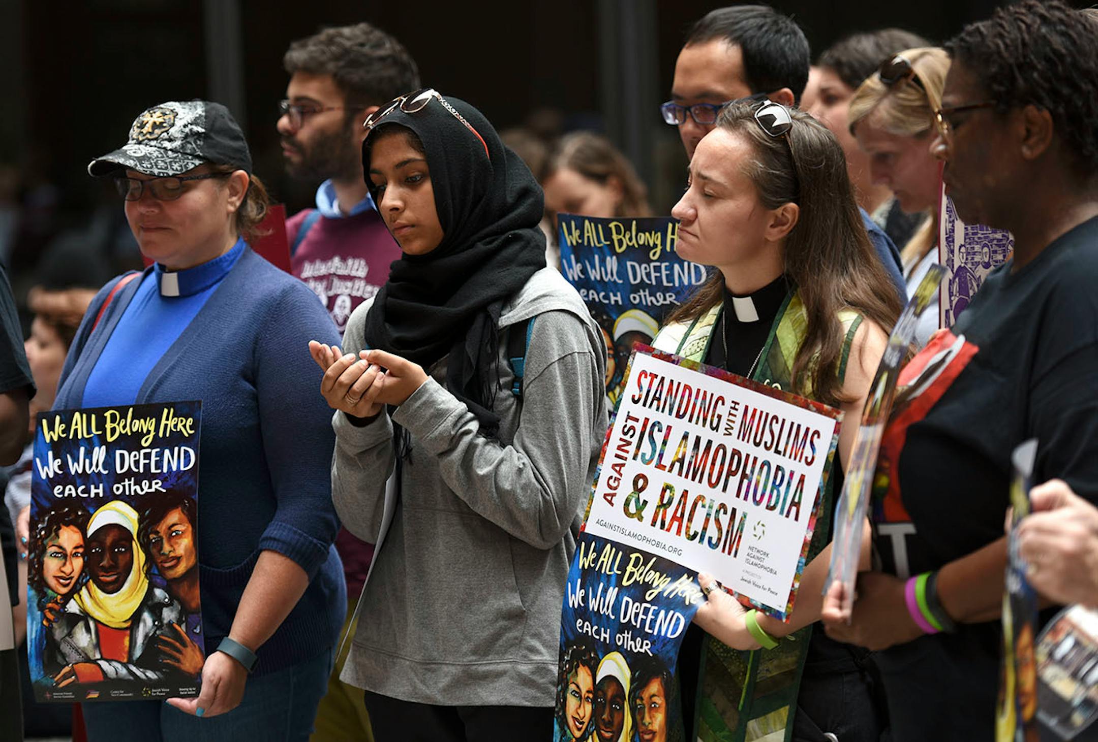Chicago interfaith community gathered for a service to show solidarity with the people of Charlottesville, Va., Monday, Aug. 14, 2017, in Chicago. Those in attendance decried hatred and racism after a white supremacist rally in Virginia that spiraled into violence on Saturday.