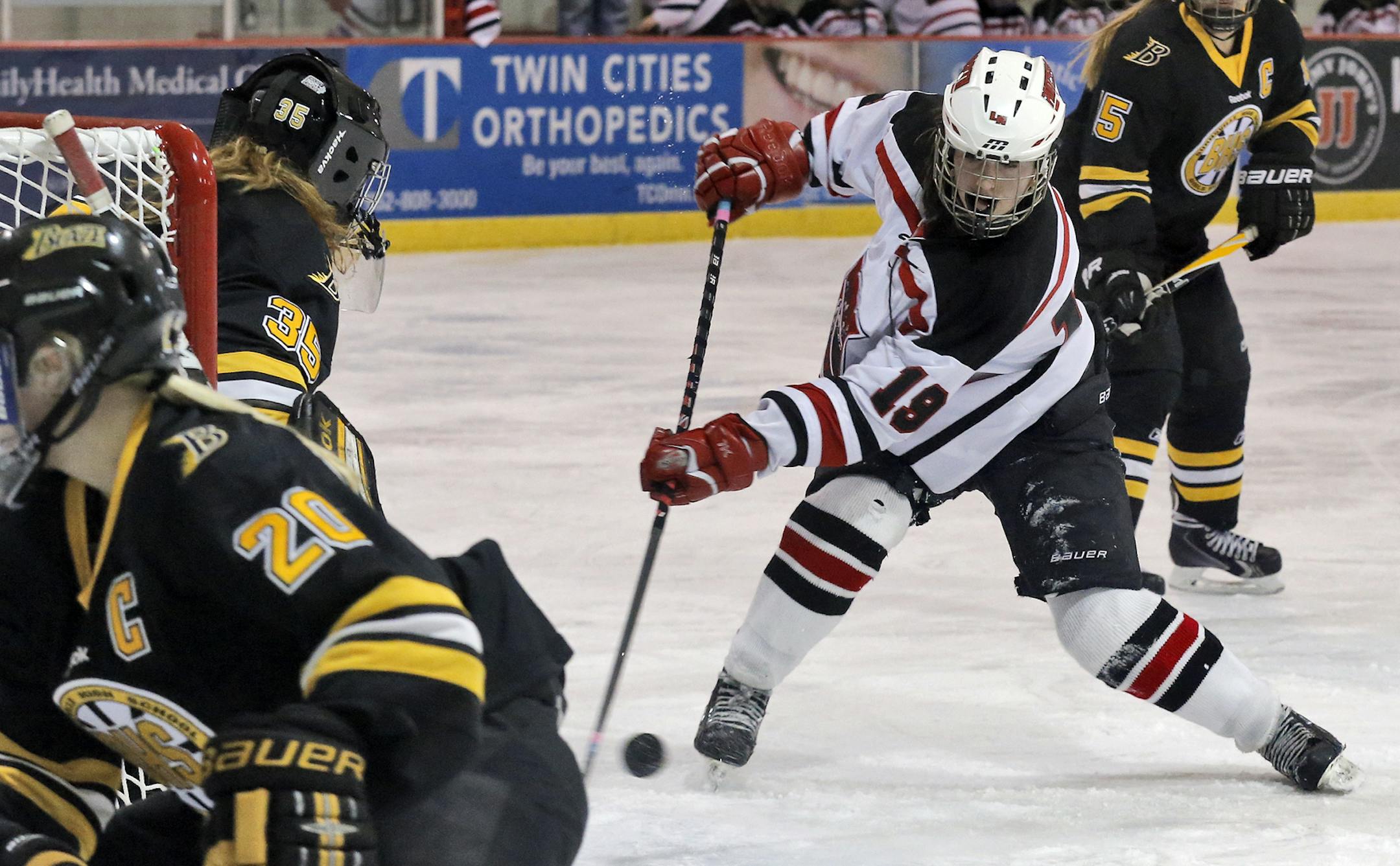 Lakeville North girls hockey team in a recent game against Burnsville. Taylor Flajerty #19 scored a goal on this shot. (MARLIN LEVISON/STARTRIBUNE(mlevison@startribune.com)