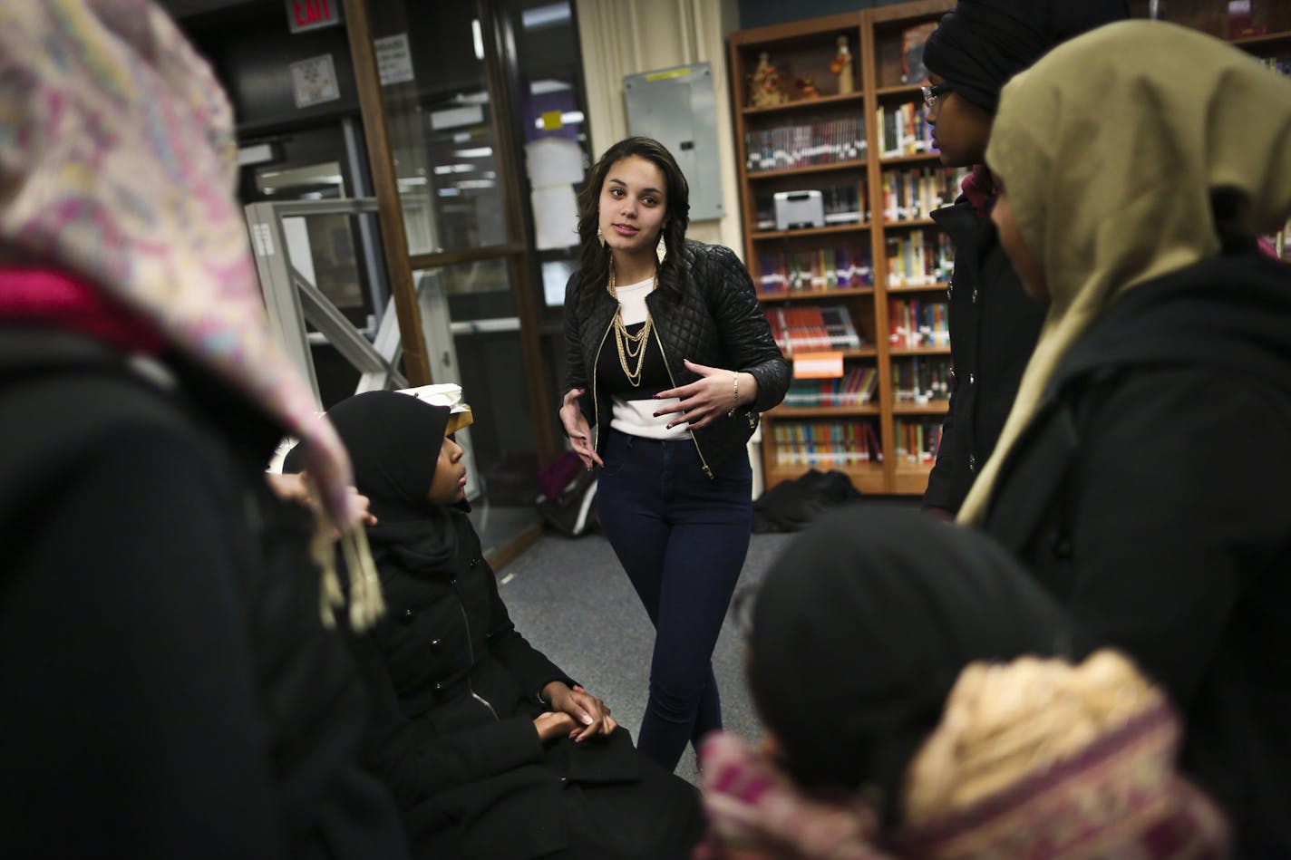 Jasmine Powell talked with a group of Somali students about her experience of being biracial Wednesday at Minneapolis South High School. More than 100 students took part in the discussion that was led by the group Students Together as Allies for Racial Trust (START).