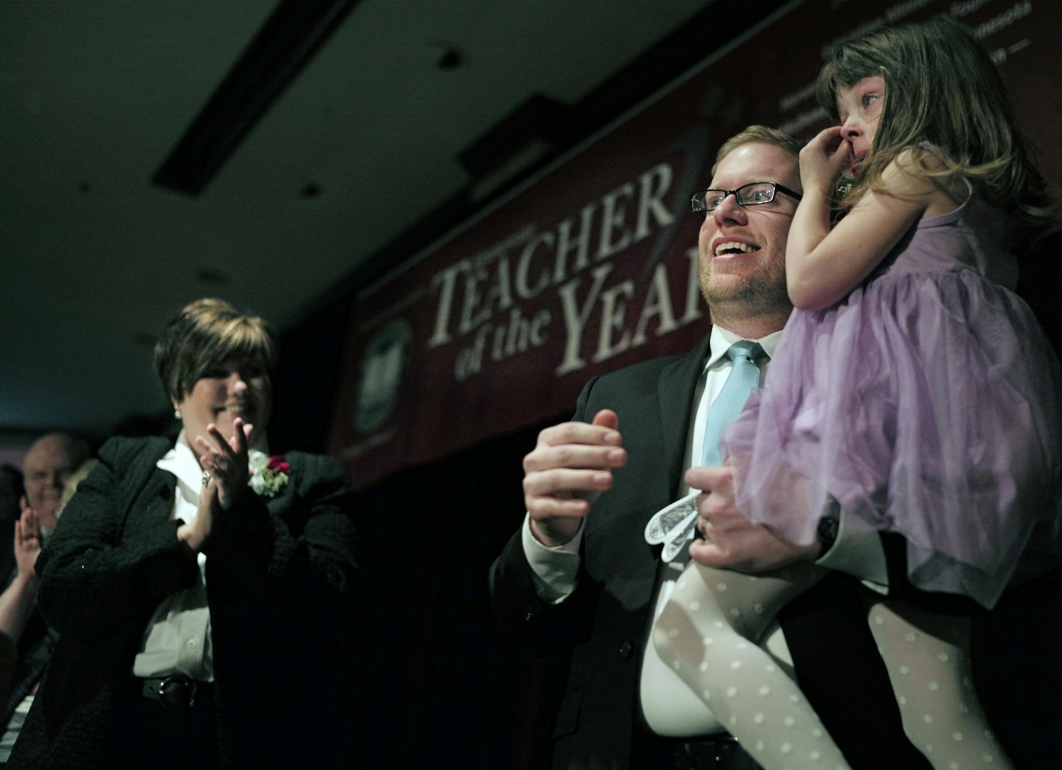 Thomas Rademacher, an English teacher at the FAIR School in the West Metro Education Program, celebrated his MInnesota Teacher of the year award with his daughter, June,3.