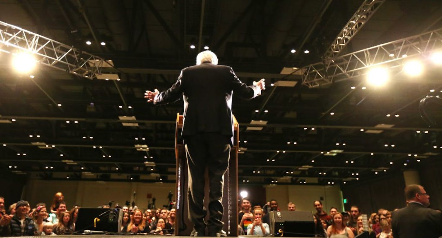 Democratic presidential candidate Bernie Sanders spoke to supporters Monday Feb 29, 2016 at the Minneapolis Convention Center Minneapolis MN.