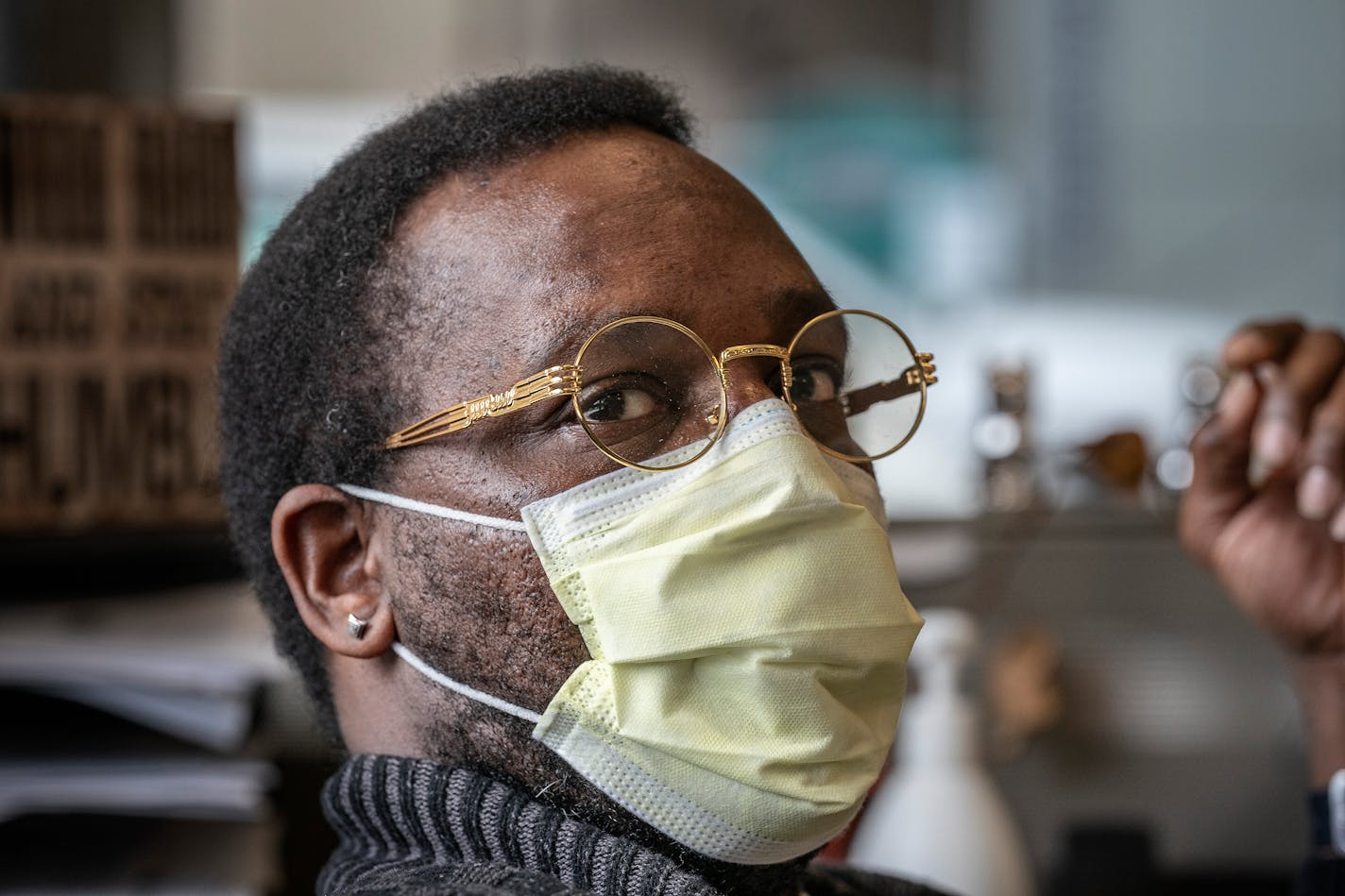 Farji Shahee founder of Next Step left ,met with gunshot wound victim Lamar Smith at his officer in Hennepin County Medical Center. Smith 21, was shot twice in the face in north Minneapolis in November of 2020.] Jerry Holt •Jerry.Holt@startribune.com