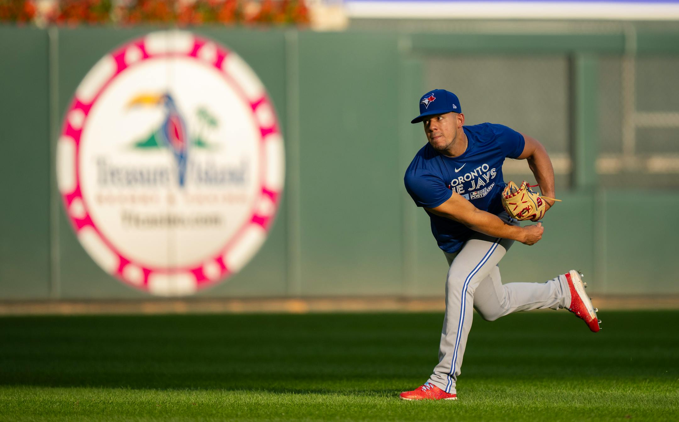 Toronto pitcher José Berríos played catch in the outfield during the Blue Jays' workout. The Toronto Blue Jays worked out at Target Field in Minneapolis Monday, October 2, 2023, the day before they face the Minnesota Twins in an American League Wild Card Playoff Series.