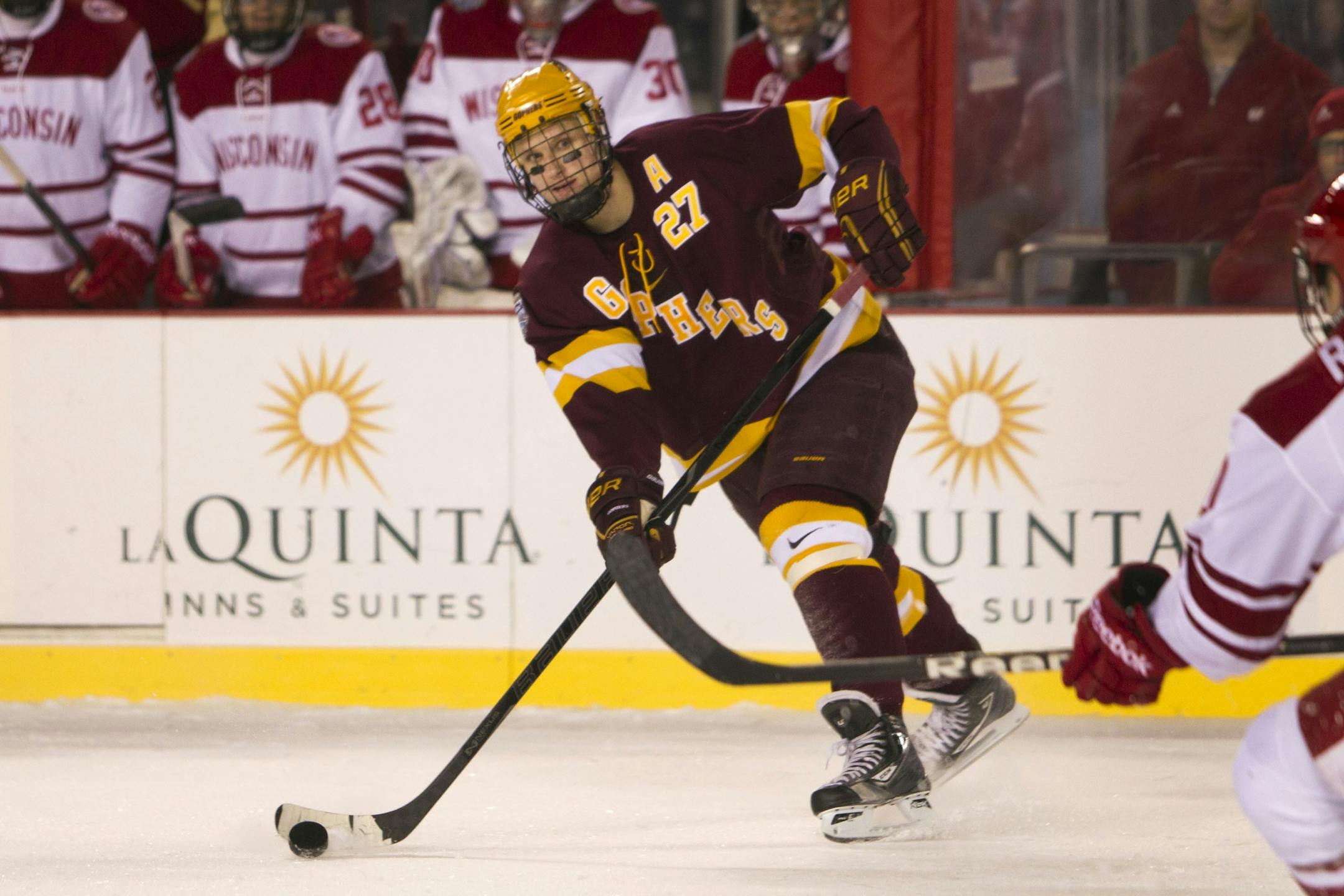 Nick Bjugstad takes a shot in the third period of the Winter Classic at Soldier Field.