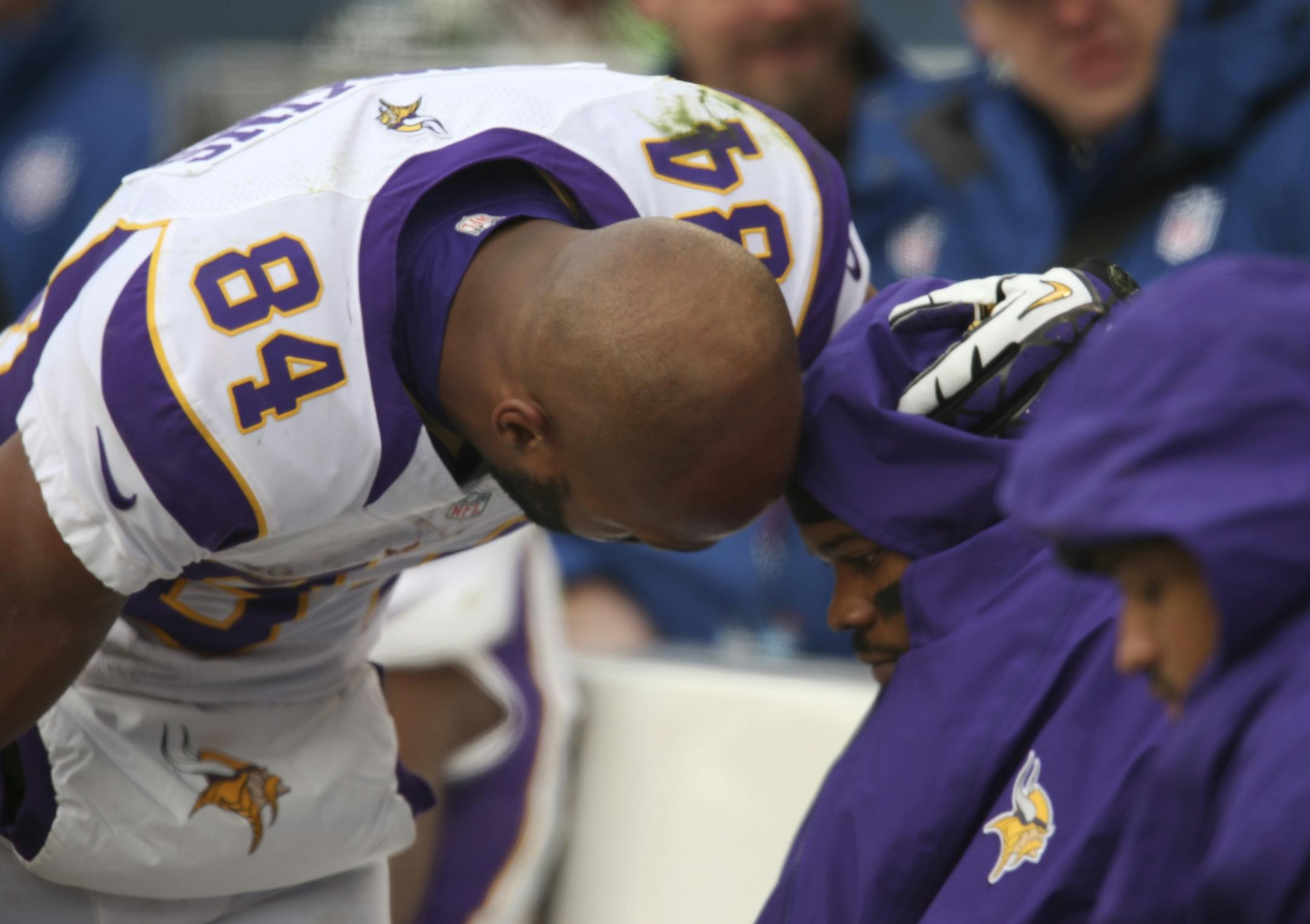 Michael Jenkins tried to console fellow Vikings wide receiver Jerome Simpson as the clock ran out in the fourth quarter. Simpson has only 12 receptions this season with no touchdowns.