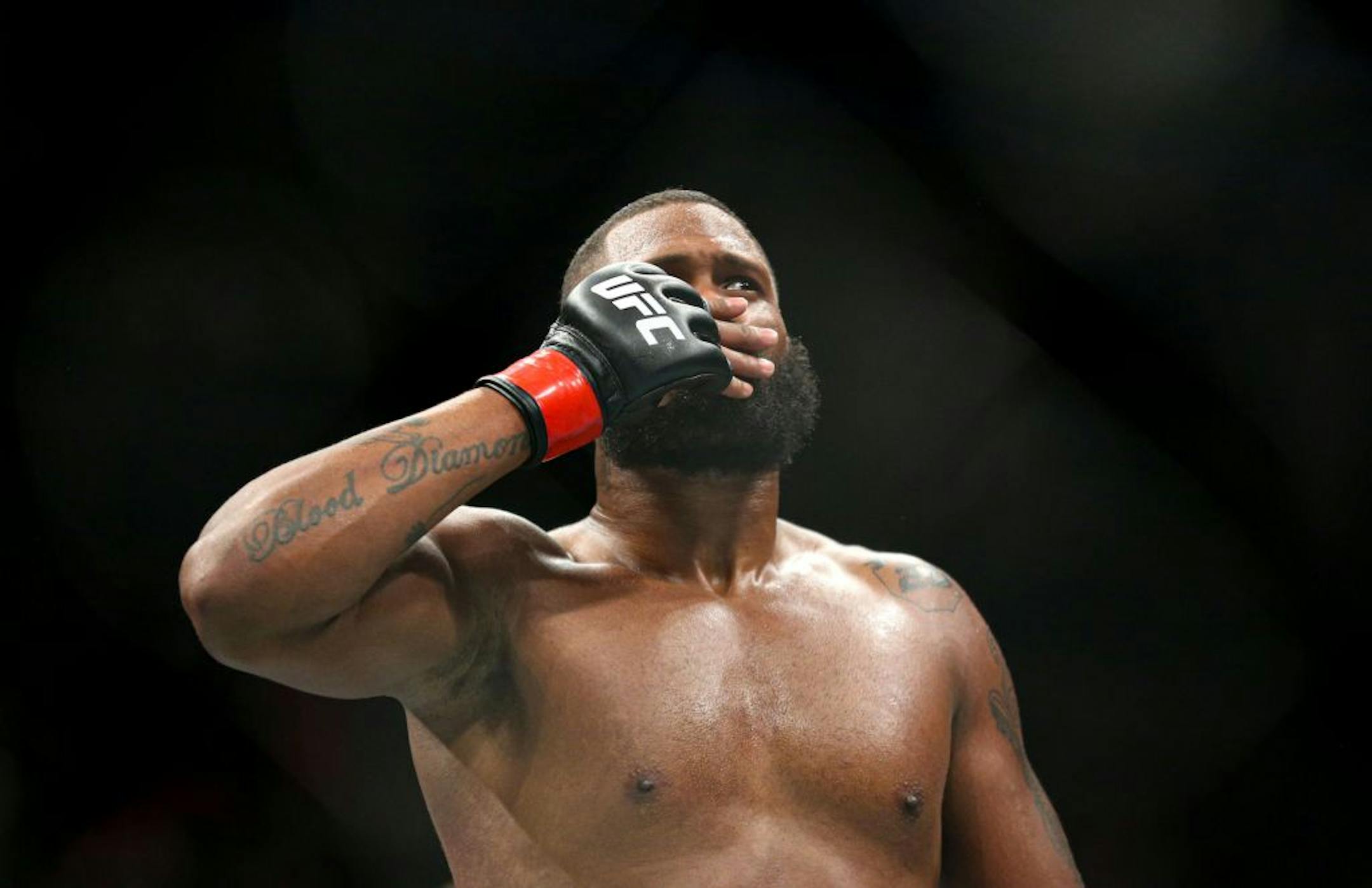 Maurice Green celebrates after winning his heavyweight preliminary match against Junior Albini. Green is a St. Cloud, MN native and crowd favorite. He beat Albini by TKO. ALEX KORMANN ¥ alex.kormann@startribune.com UFC Fight Night was held at Target Center on Saturday June 29, 2019. Francis Ngannou and Junior Dos Santos headlined the event.