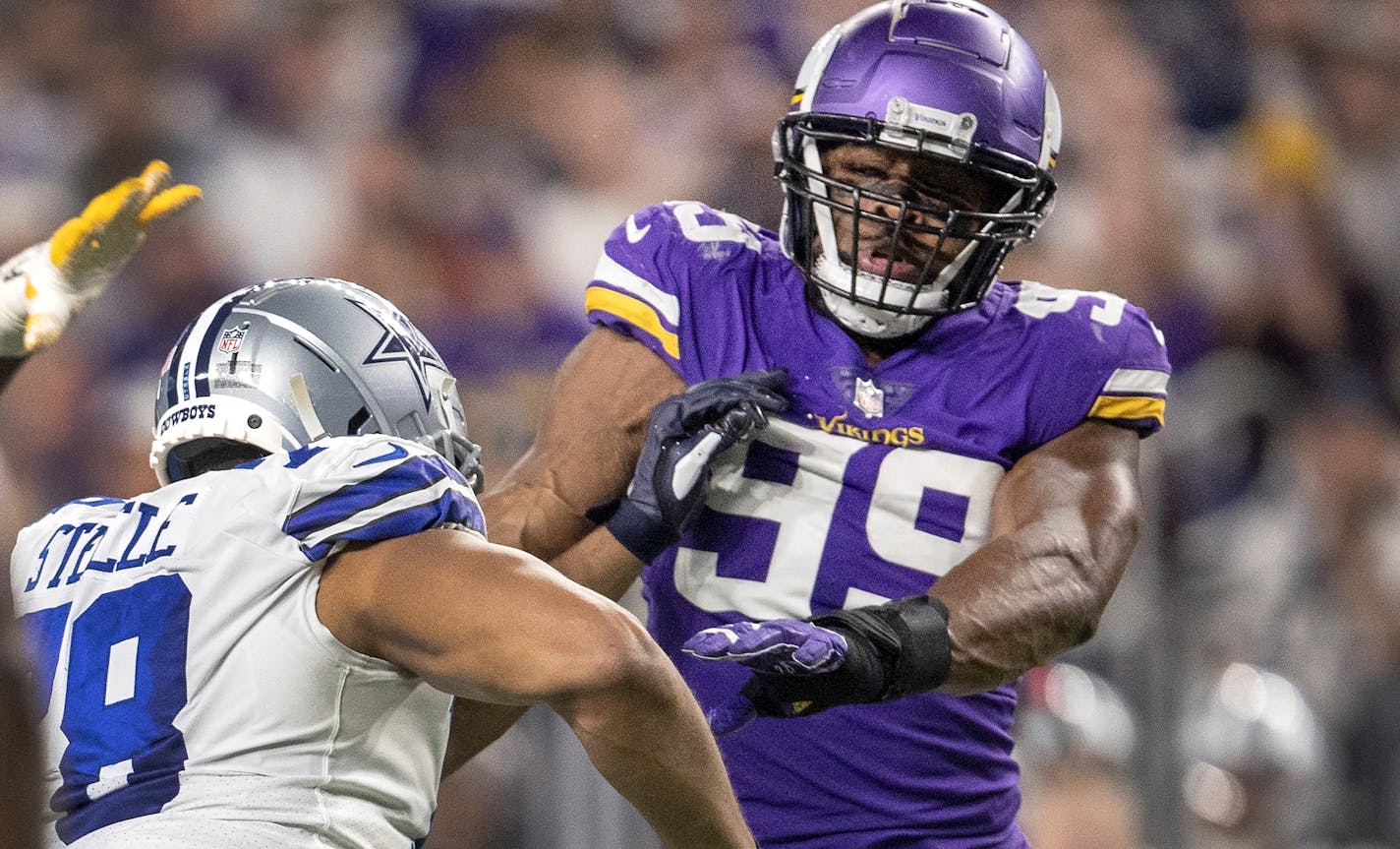 Danielle Hunter (99) of the Minnesota Vikings is blocked by Terence Steele (78) of the Dallas Cowboys in the second quarter, Sunday, Oct. 31, 2021 in Minneapolis, Minn. The Minnesota Vikings hosted the Dallas Cowboys at U.S. Bank Stadium. ] CARLOS GONZALEZ • cgonzalez@startribune.com ORG XMIT: MIN2111011143460015