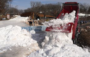 Truckloads of snow, transported from the Highland Ski Jump in Bloomington, were dumped near The Trailhead at Theodore Wirth Park in preparation for ho