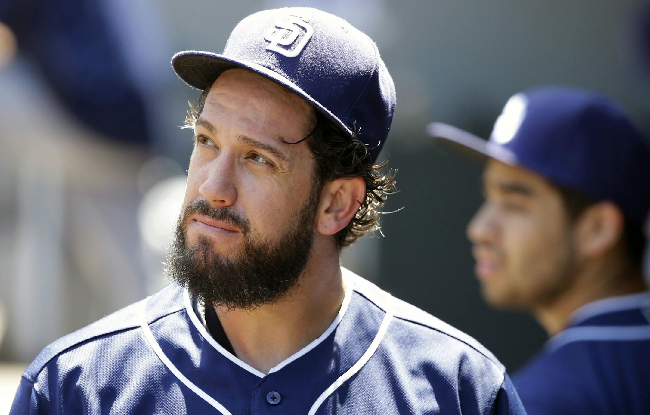 San Diego Padres starting pitcher James Shields looks to the scoreboard as he walks to the clubhouse after he was pulled in the third inning of a baseball game against the Seattle Mariners, Tuesday, May 31, 2016, in Seattle. Shields gave up 10 runs, all of them earned, from eight hits. (AP Photo/Ted S. Warren)