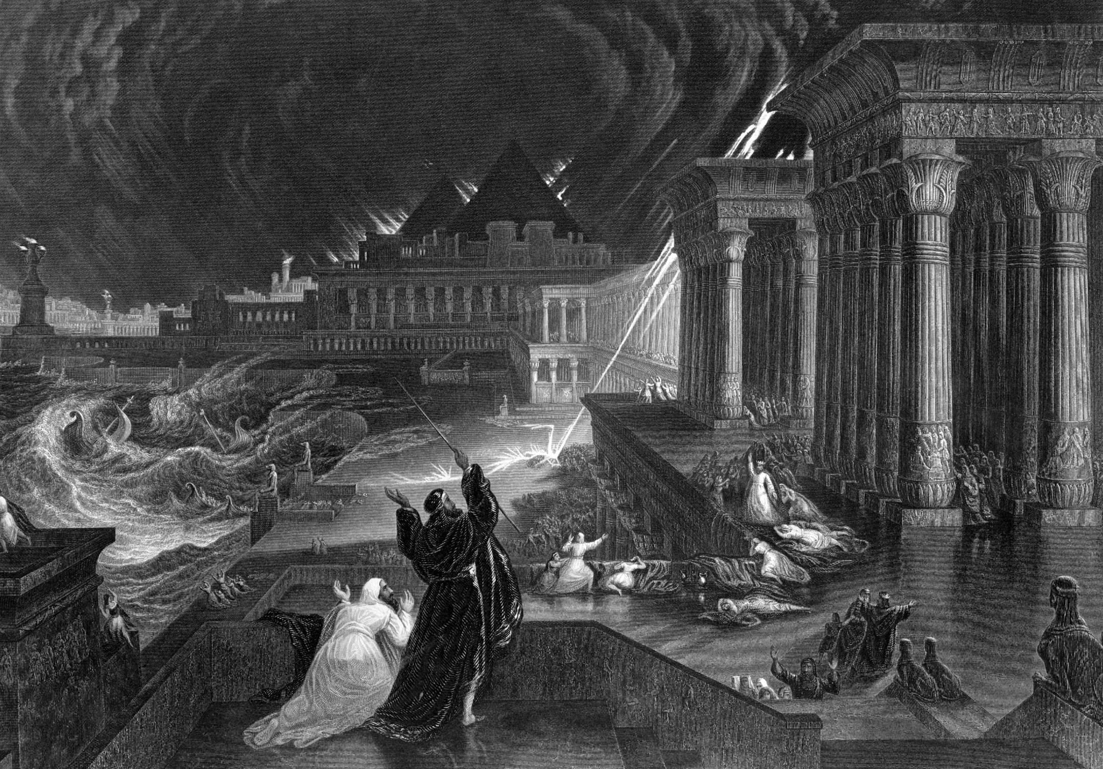 Circa 1500 BC, Moses raising his rod and hail as a great storm crosses Egypt, part of the series of plagues inflicted on the country by an angry God.