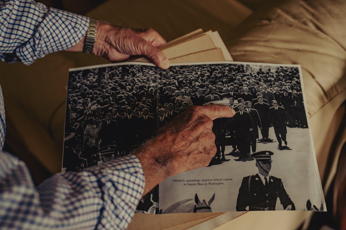 Paul Landis, one of the Secret Service agents just feet away from John F. Kennedy when he was assassinated, shows where he was on the day of the slain presidentÕs funeral, at his home in Cleveland on Aug. 7, 2023. 60 years later, Landis is telling his story in full for the first time. In at least one key respect, his account differs from the official version Ñ in a way that may change the understanding of what happened. (Amir Hamja/The New York Times)