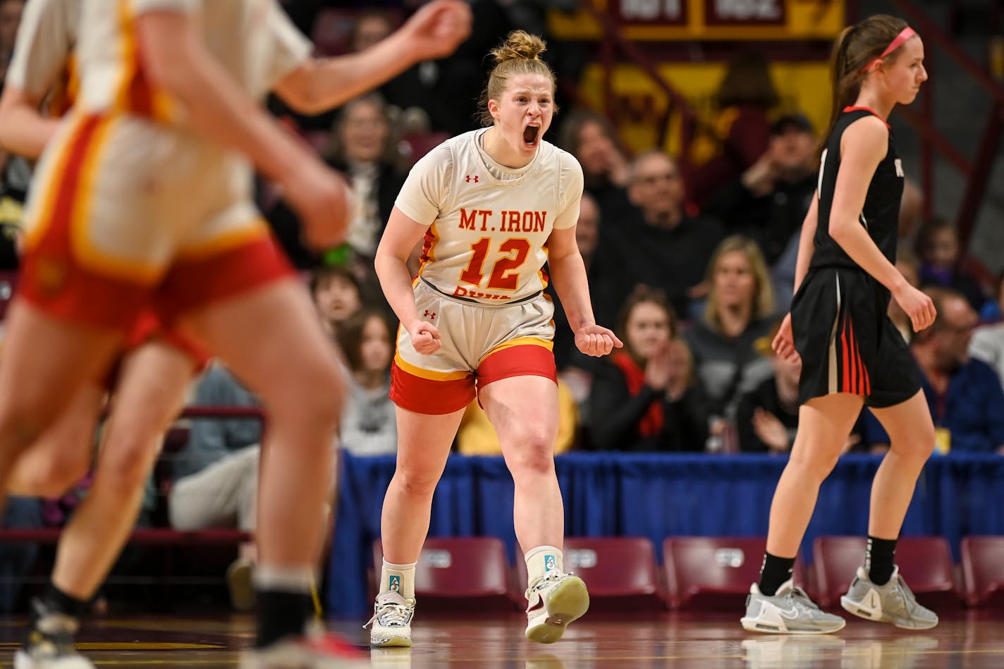 Mountain Iron-Buhl guard Sage Ganyo fired up when her team forced a BOLD timeout during the Class 1A final Saturday.in the first half Saturday, March 18, 2023 during the Class 1A girls' basketball state tournament championship game at Williams Arena in Minneapolis, Minn.. ] AARON LAVINSKY • aaron.lavinsky@startribune.com