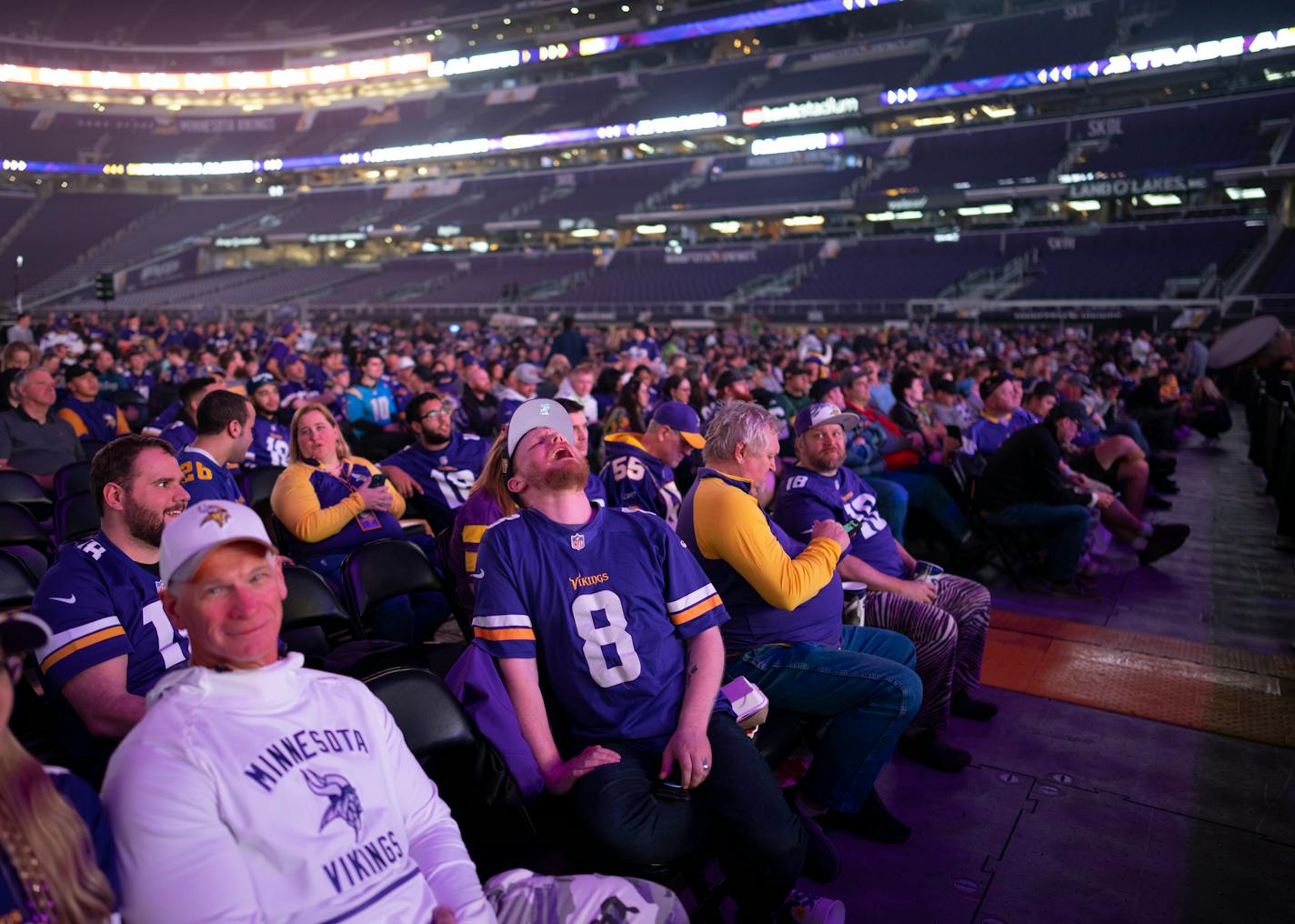 Donald Verhota reacted to the announcement that the Vikings traded their No. 12 pick for No. 32 at the team's draft party Thursday night, April 28, 2022 at U.S. Bank Stadium in Minneapolis, Minn. "I'm upset due to the fact we traded down that far and didn't not get a pick for next year," he said. ] JEFF WHEELER • Jeff.Wheeler@startribune.com