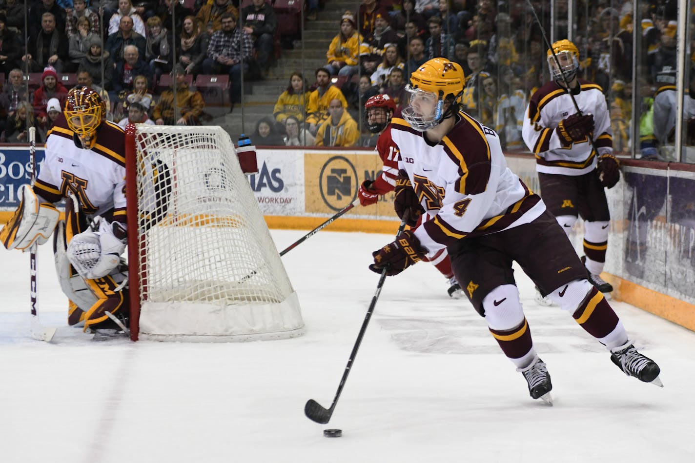 Minnesota Golden Gophers defenseman Ben Brinkman (4) kept the puck away from Wisconsin in the second period. ] COURTNEY DEUTZ &#x2022; courtney.deutz@startribune.com Minnesota Golden Gophers played the Wisconsin Badgers in an NCAA hockey game on Saturday, Jan. 25, 2019 at the 3M Arena at Maruicci.