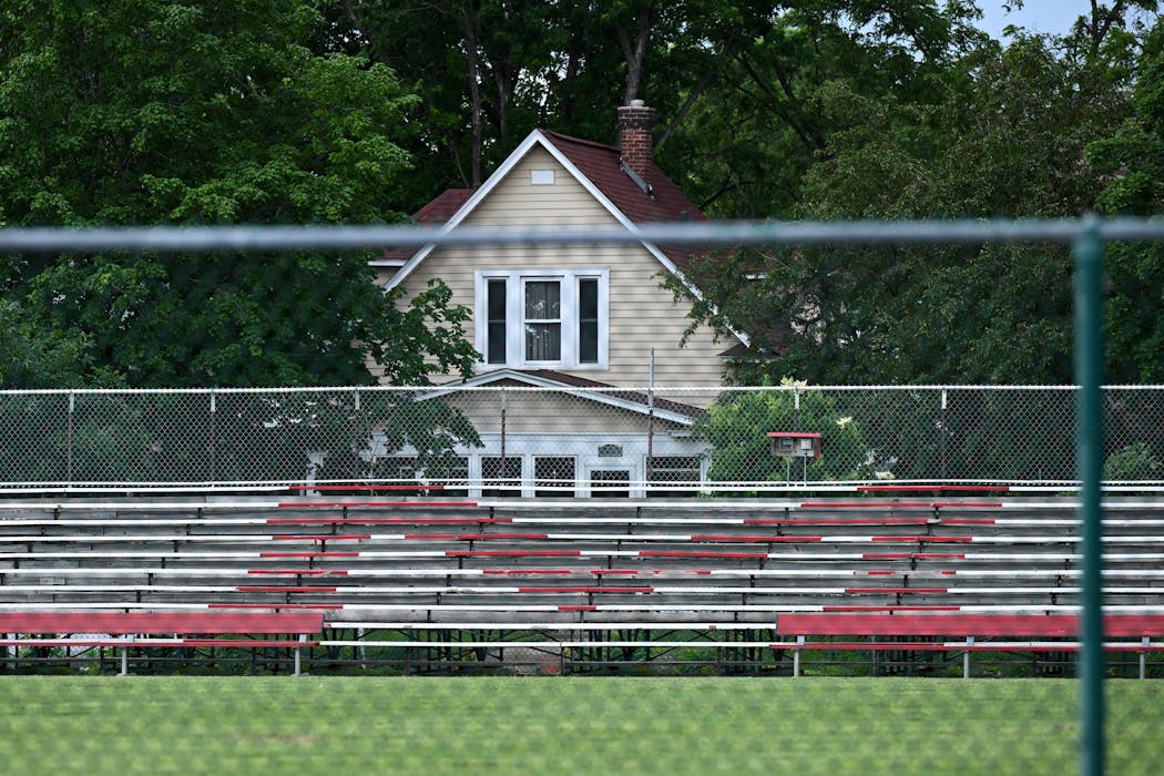 Minnehaha Academy’s bleachers abut 46th Avenue S., leaving a view of its backside for neighbors living along the road in Minneapolis. The location of the bleachers was a common complaint among the school’s neighbors during a community meeting Wednesday night. Minnehaha Academy wants to build an expansive artificial turf field with floodlights in a rather dense residential neighborhood.