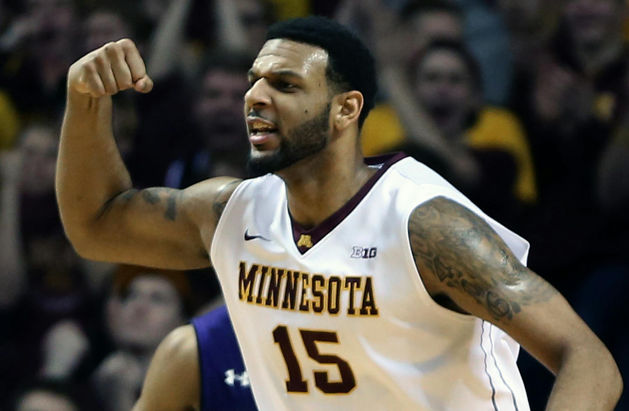 Minnesota Gophers vs. Northwestern, Williams Arena, 2/1/14. (left to right) Minnesota's Maurice Walker celebrated after scoring in first half action.] Bruce Bisping/Star Tribune bbisping@startribune.com Maurice Walker/roster.