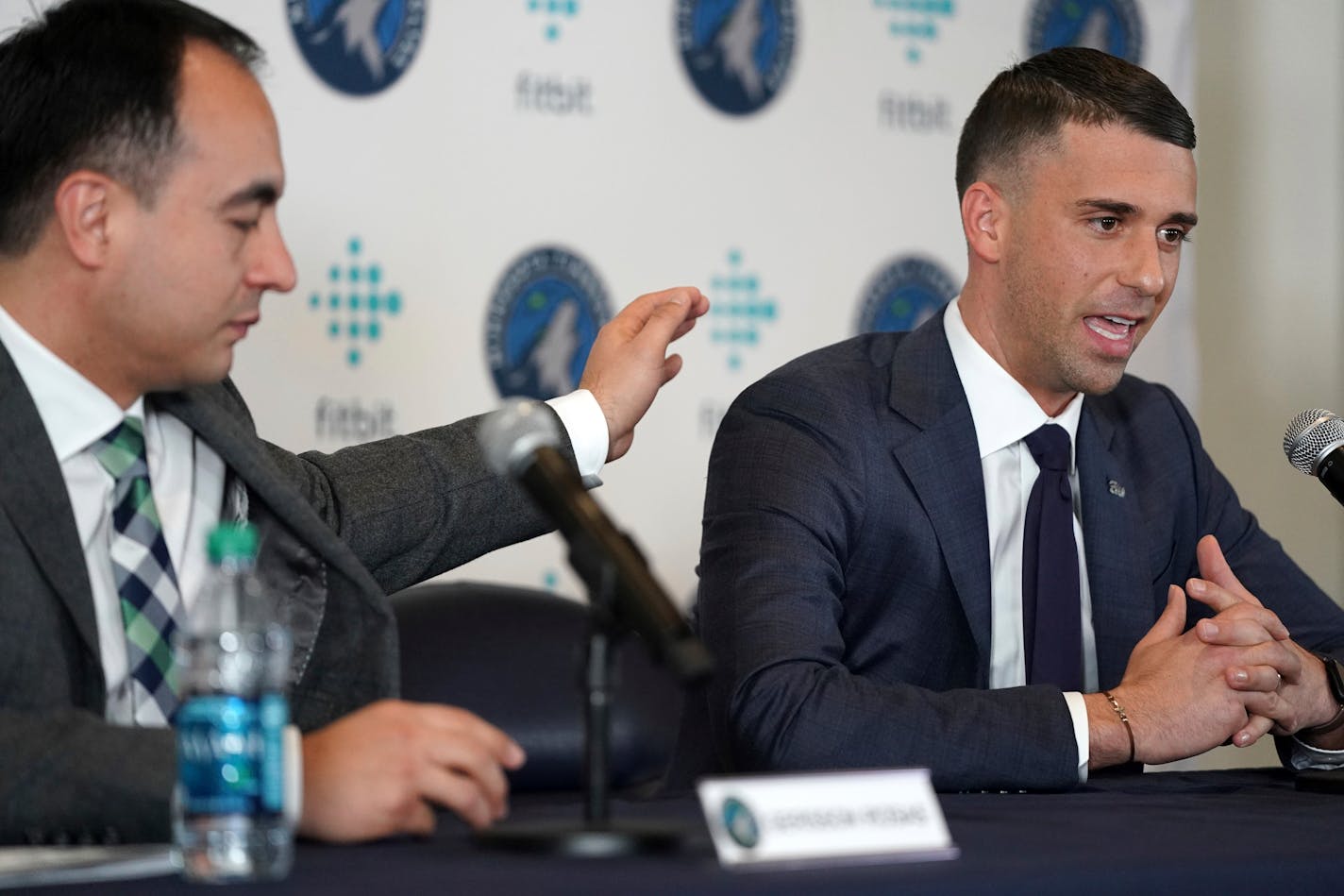 As the NBA season begins, Timberwolves President of Basketball Operations Gersson Rosas, left, and coach Ryan Saunders are talking more about the process than wins.