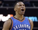 Oklahoma City Thunder guard Russell Westbrook reacts in the second half of the team's NBA basketball game against the Memphis Grizzlies on Wednesday, 