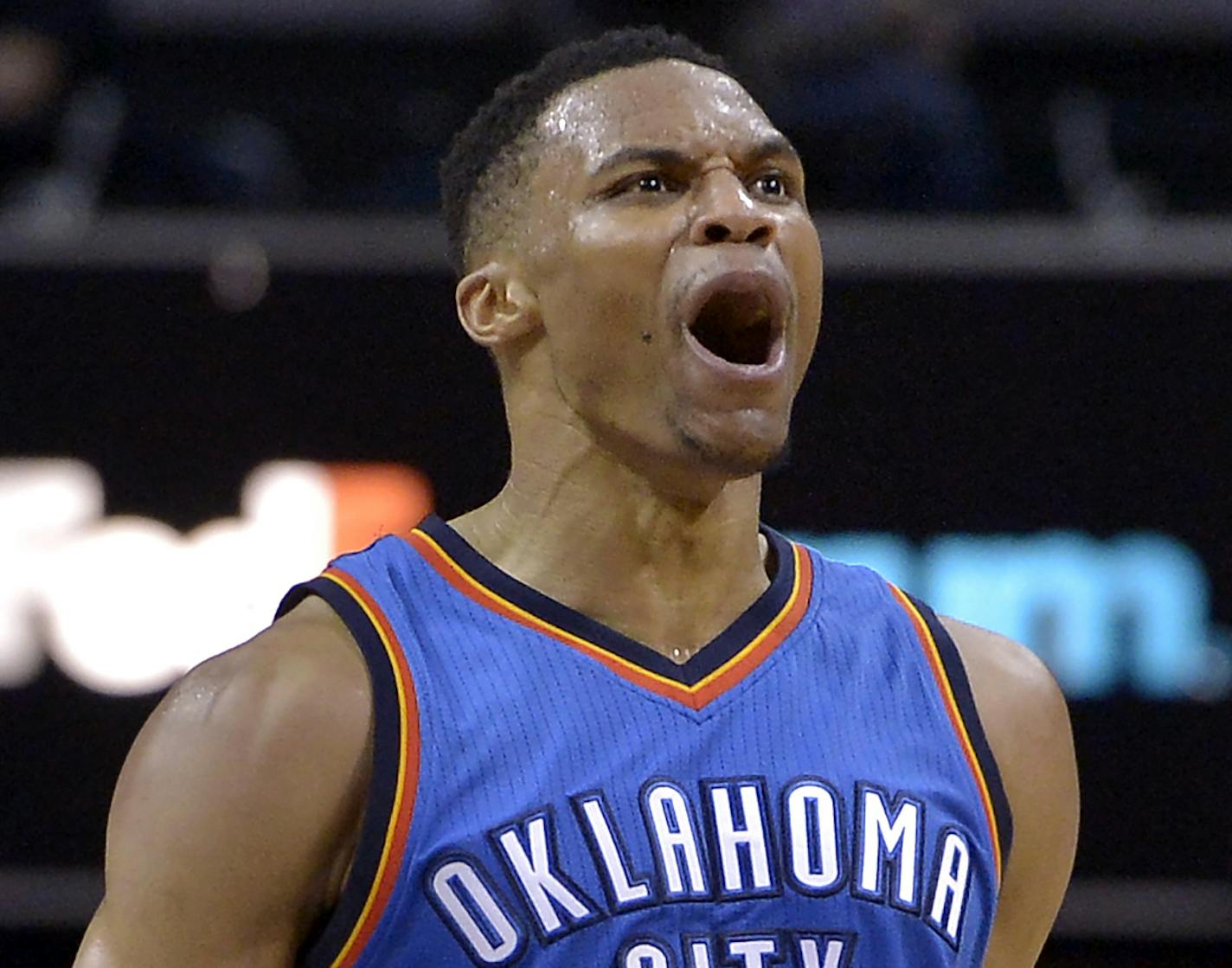 Oklahoma City Thunder guard Russell Westbrook reacts in the second half of the team's NBA basketball game against the Memphis Grizzlies on Wednesday, April 5, 2017, in Memphis, Tenn. (AP Photo/Brandon Dill)