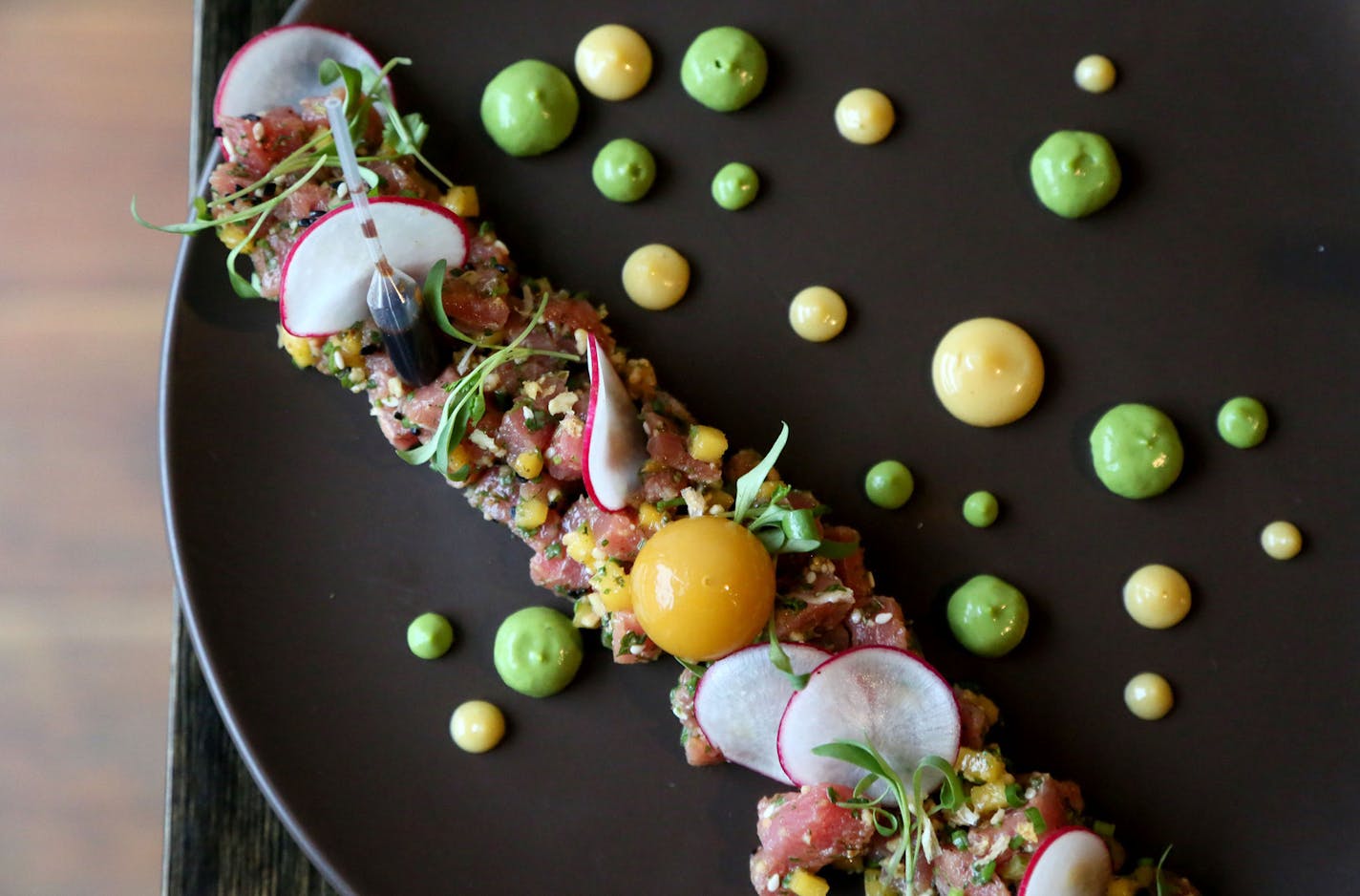 Yellow Fin Tuna with potato puree, wasabi, peas and dashi at Tongue in Cheek Friday, Jan. 2, 2015, in St. Paul, MN.](DAVID JOLES/ STARTRIBUNE)djoles@startribune.com Tongue in Cheek Friday, Jan. 2, 2015, in St. Paul, MN.