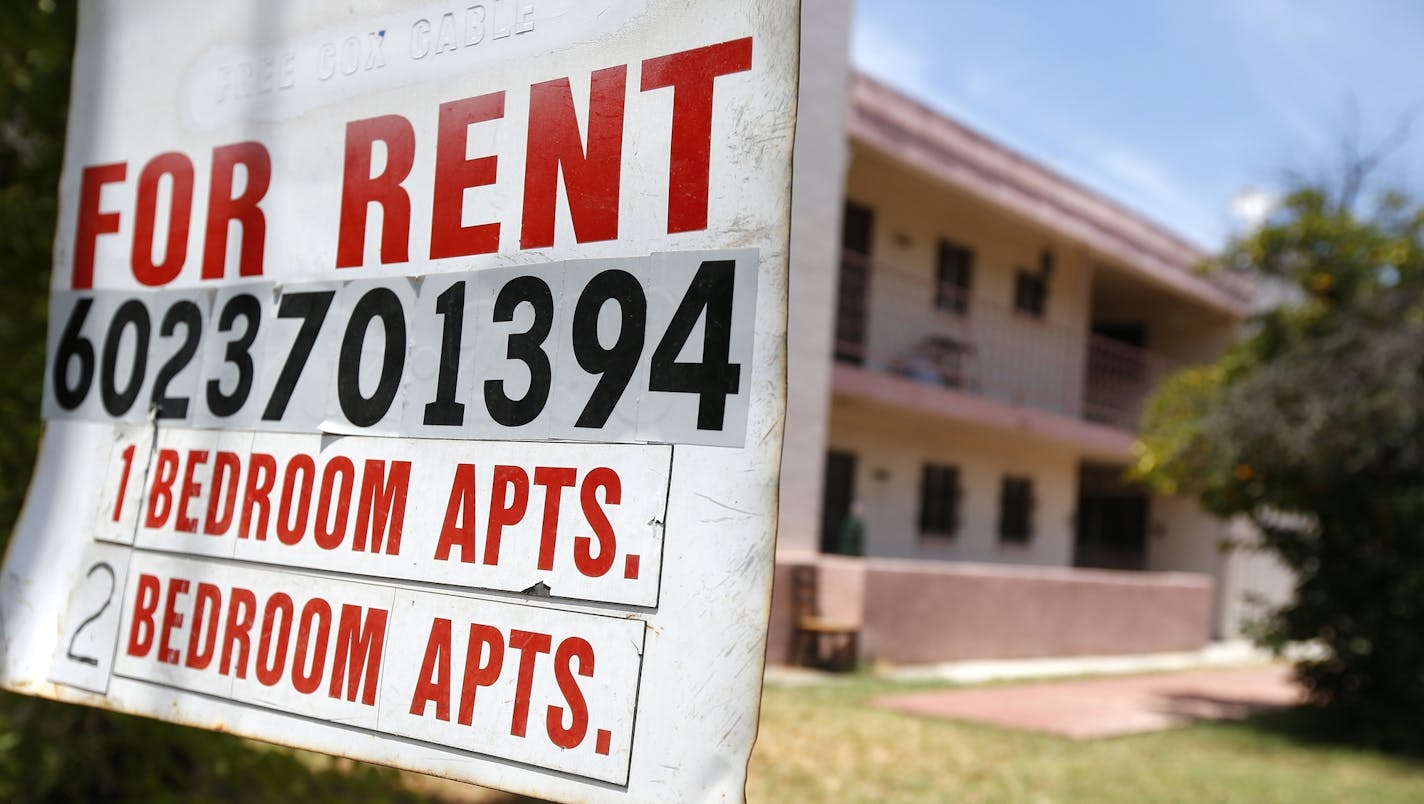 A rental sign is posted in front of an apartment complex Tuesday, July 14, 2020, in Phoenix. Housing advocacy groups have joined lawmakers lobbying Arizona Gov. Doug Ducey to extend his coronavirus-era moratorium on evictions when it expires, when the 120-day order ending July 22 was supposed to ensure people would not lose their homes if they fell ill to COVID-19 or lost jobs in the pandemic's economic fallout. (AP Photo/Ross D. Franklin)