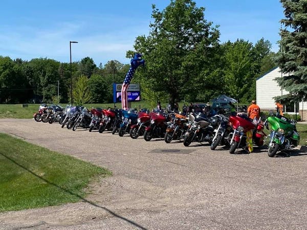 Motorcycles were lined up outside American Legion Post 566 in Lino Lakes before the 2021 Believet fundraising ride.