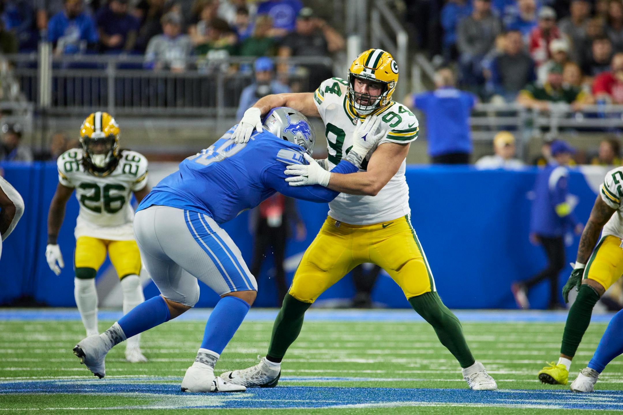 Detroit Lions offensive tackle Penei Sewell (58) blocks Green Bay Packers defensive end Dean Lowry (94) during an NFL football game, Sunday, Nov. 6, 2022, in Detroit. (AP Photo/Rick Osentoski)