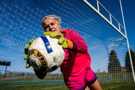 Gophers goalkeeper Megan Plaschko, above playing for Eagan in 2018, made six saves in a 1-0 loss to Michigan on Thursday night.