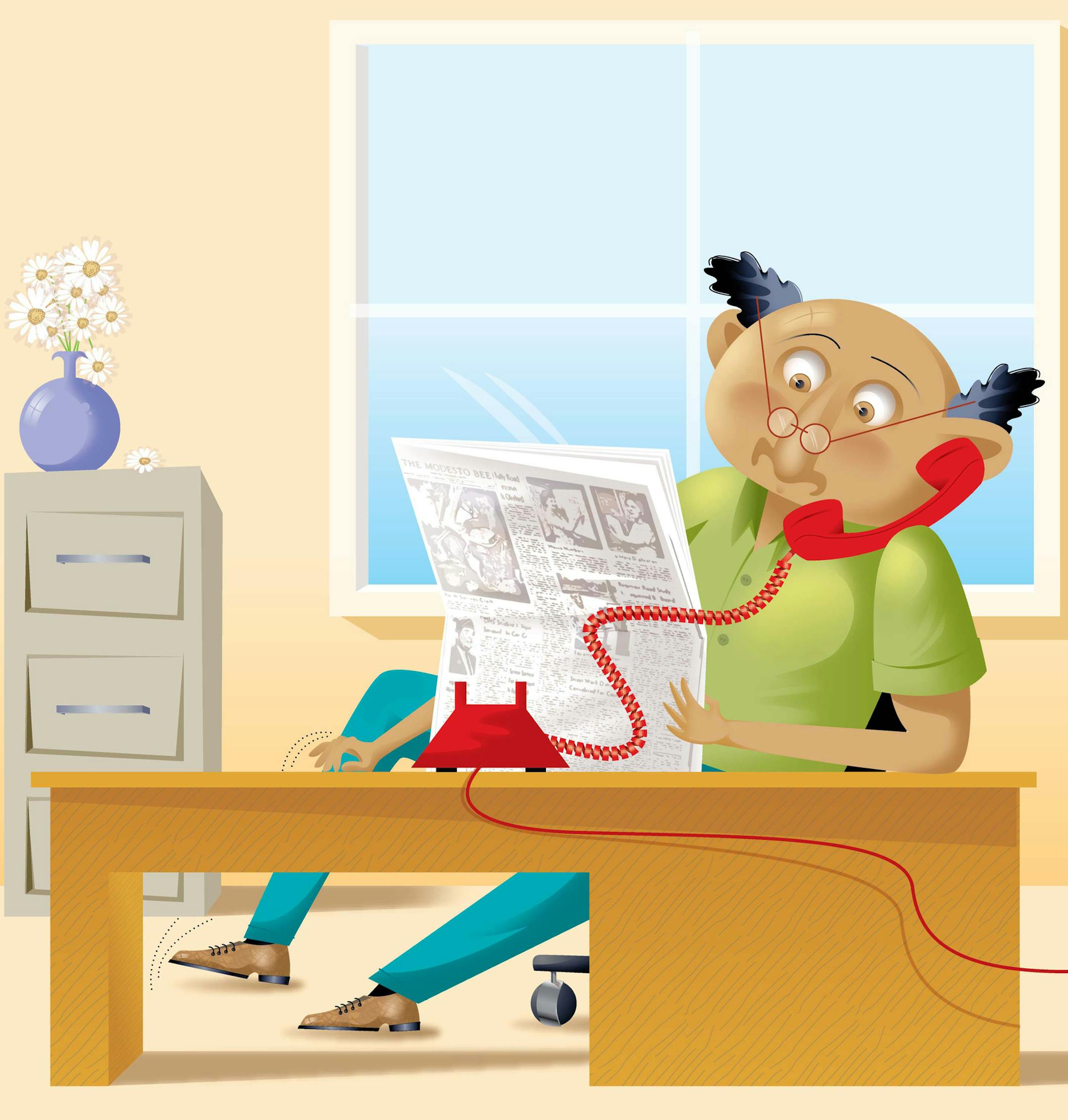 300 dpi Laurie McAdam color illustration of man drumming his fingers on desk and reading paper while waiting on phone. The Modesto Bee 2008<p> fidgeting illustration fidget burn burning calories home office time drumming fingers waiting phone hold holding reading paper time 04000000, FIN, 04018000, krtnamer north america, krtusbusiness, u.s. us united states, 2008, krt2008, krtbusiness business, krtnational national, krtworld world, krt, mctillustration, mo contributed coddington mcadam mct mct2