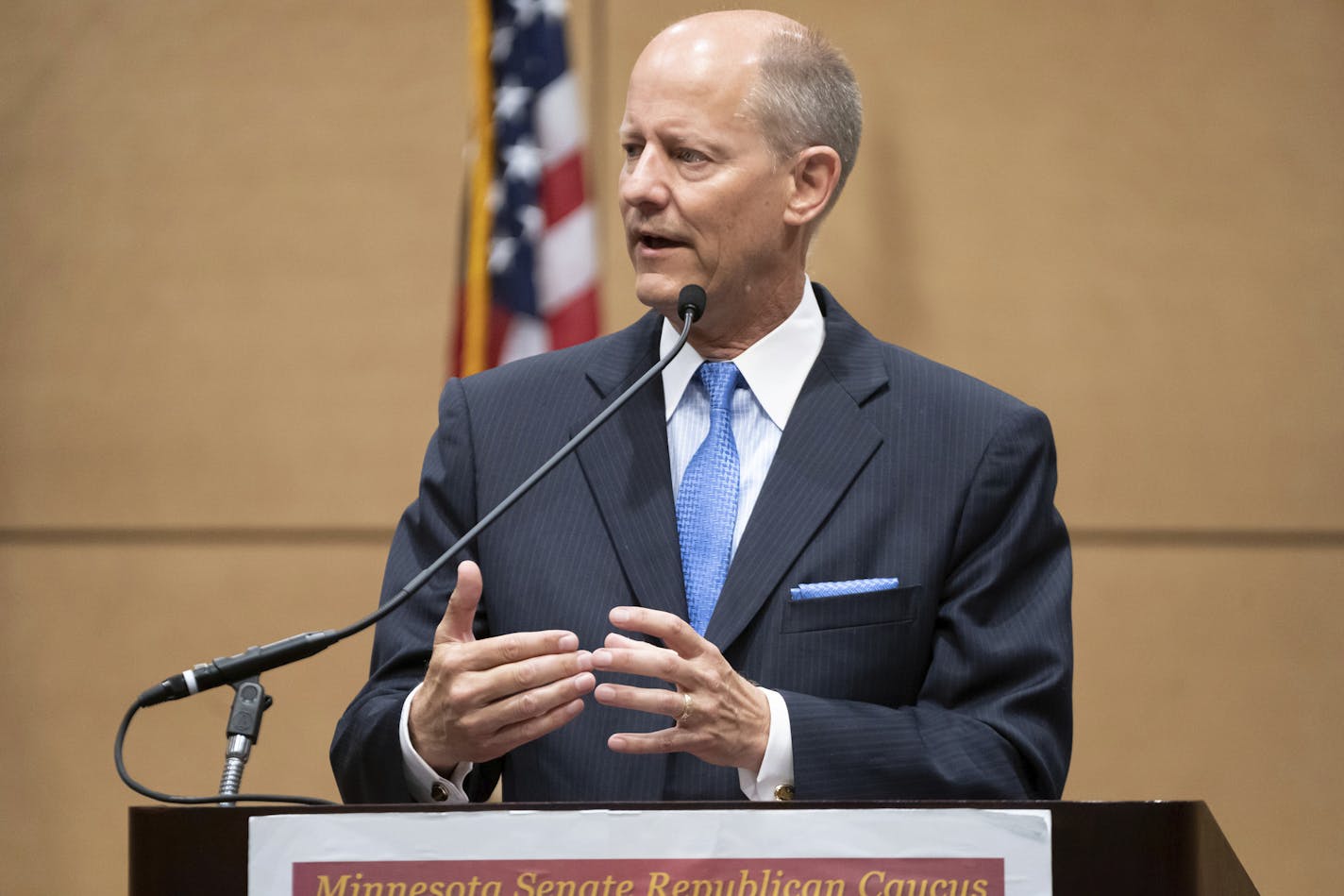 FILE- In this July 20, 2020 file photo, Minnesota Senate Majority Leader Paul Gazelka, R-East Gull Lake, speaks in St. Paul, Minn. The state's Democratic senators are calling on Gazelka to resign from his leadership post after Senate Republicans failed to notify their Democratic colleagues, nonpartisan staff and Capitol security of a potential COVID-19 outbreak among GOP ranks in advance of a special session last week. (Glenn Stubbe/Star Tribune via AP, File)