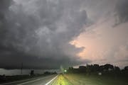 A storm cell near Kimball, Minn., on Sunday, Aug. 28. The area was under a tornado warning Sunday night until 10 p.m.