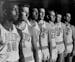 Minneapolis Lakers players Ed Fleming, Corky Devlin, George Brown, Art Spoelstra, Bob Burrow, Jim Krebs and Larry Foust in 1958.