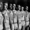 Minneapolis Lakers players Ed Fleming, Corky Devlin, George Brown, Art Spoelstra, Bob Burrow, Jim Krebs and Larry Foust in 1958.