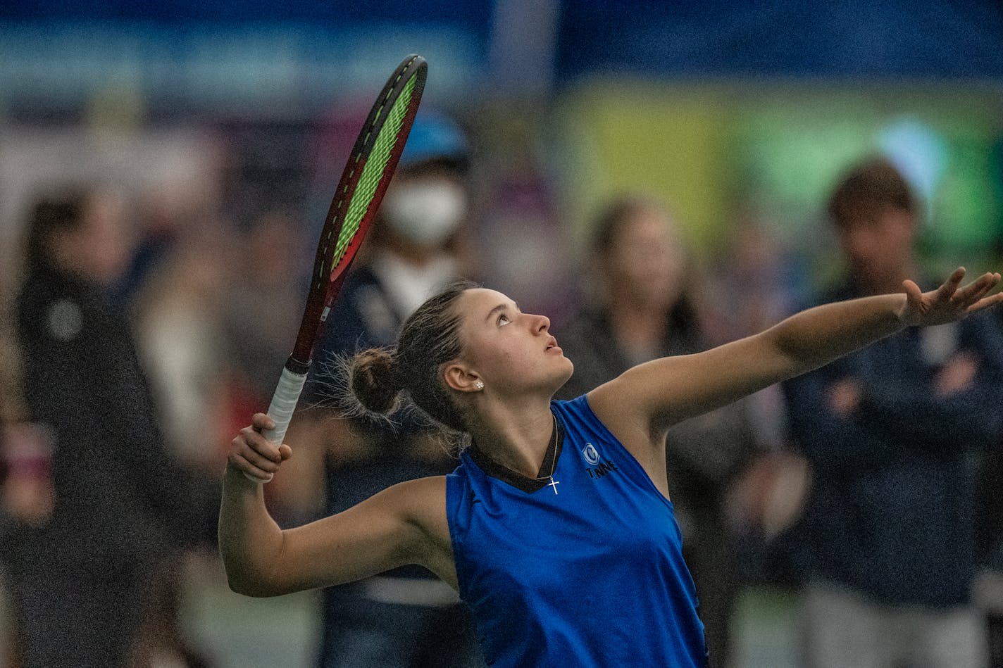 Emma Hageman of Winona Cotter returned a shot during her victory over second-seeded Annika Harberts Ott of Providence Academy. in Class 1A quarterfinals at the Reed-Sweatt Tennis CenterThursday October 26,2023 in, Minn. ] JERRY HOLT • jerry.holt@startribune.com