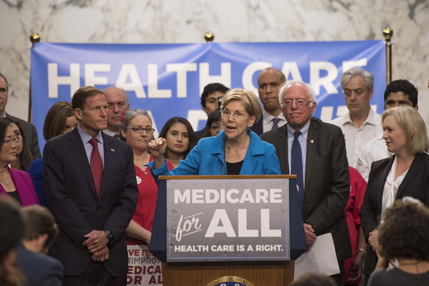 Sen. Elizabeth Warren (D-Mass.) talks about Medicare for All legislation on Capitol Hill in Washington, D.C., on September 13, 2017. (Jim Watson/AFP/Getty Images/TNS) ORG XMIT: 1470975