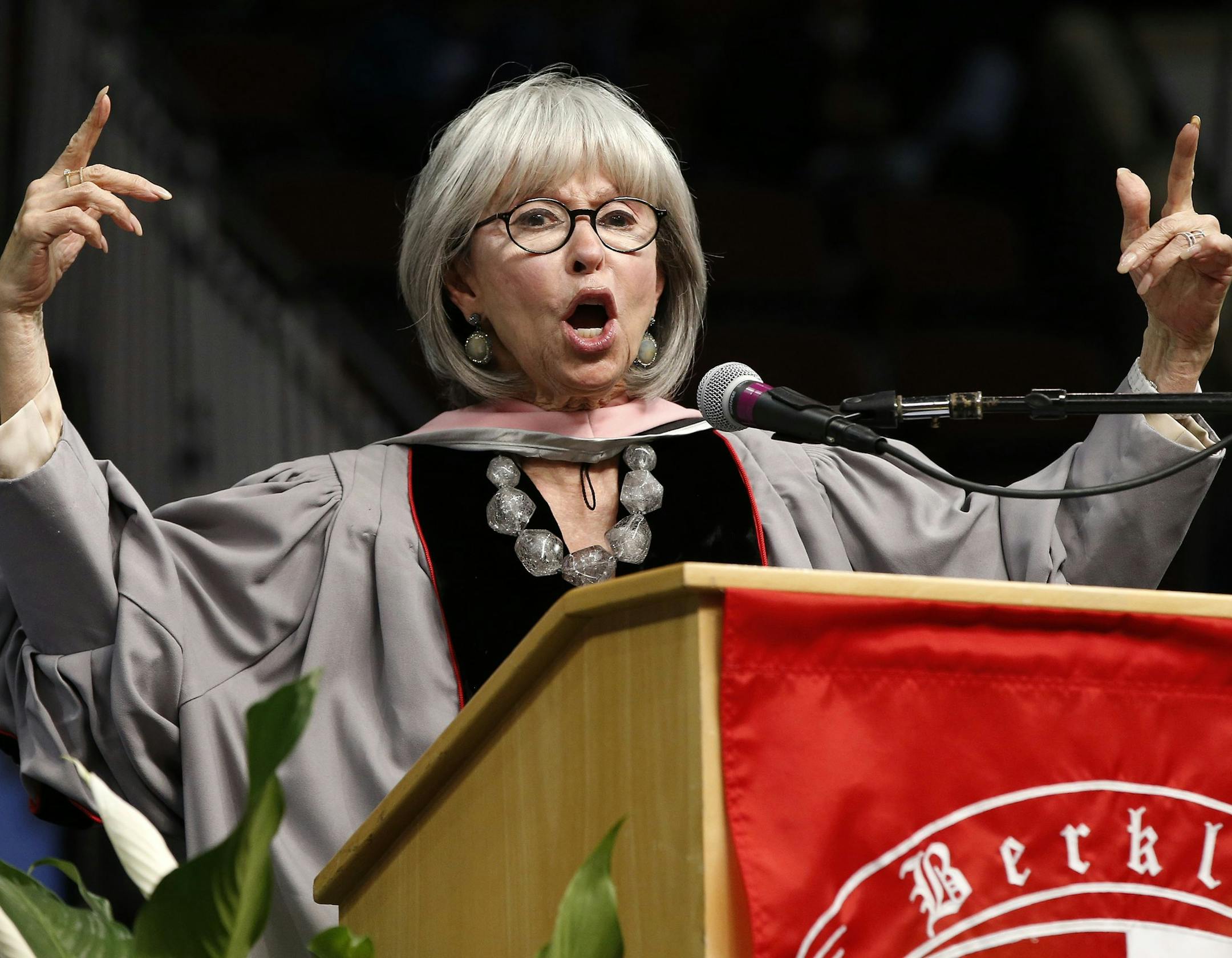 Rita Moreno raps her commencement address during Berklee College of Music commencement ceremonies in Boston, Saturday, May 7, 2016. (AP Photo/Michael Dwyer)