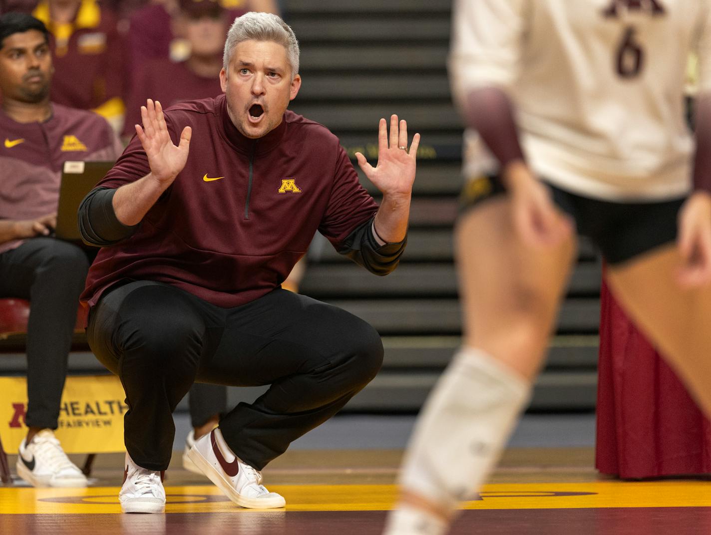 Minnesota head coach Keegan Cook reacts in the fourth set Tuesday, August 29, 2023, Maturi Pavilion in Minneapolis, Minn. ] CARLOS GONZALEZ • carlos.gonzalez@startribune.com