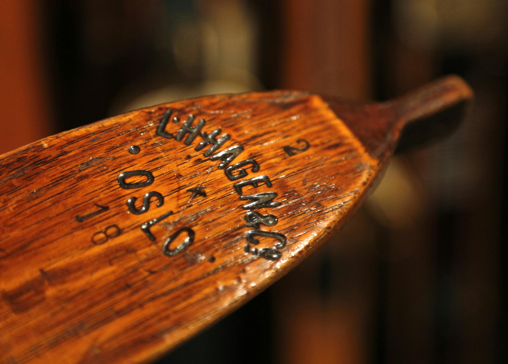 Greg Fangel buys, sells and collects vintage wooden skis. Some of his older skis in his collection were manufactured in Norway and show their native stamp burned into the wood. ] BRIAN PETERSON • brian.peterson@startribune.com White Bear Lake, MN 01/02/15