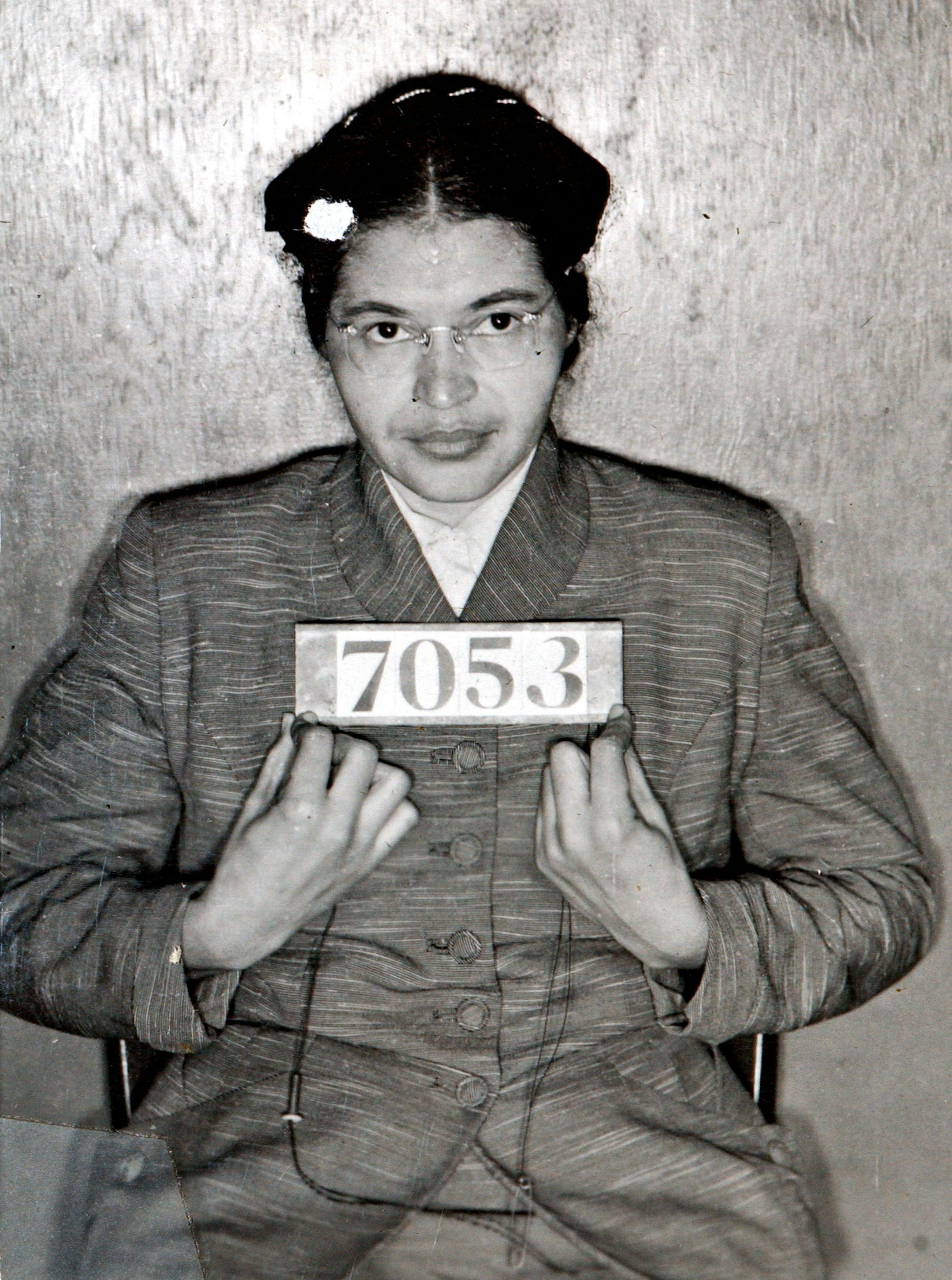 A Montgomery (Ala.) Sheriff's Department booking photo of Rosa Parks taken Feb 22, 1956, is shown Friday, July 23, 2004, in Montgomery, Ala. Dozens of photographs from the civil rights-era were recently discovered in a storage room used by the Montgomery County Sheriff's office. Chief Deputy Derrick Cunningham said he was performing some house cleaning duties when he found a photo-album containing well-preserved mug shots of protesters, including Parks and The Rev. Martin Luther King Jr. who wer