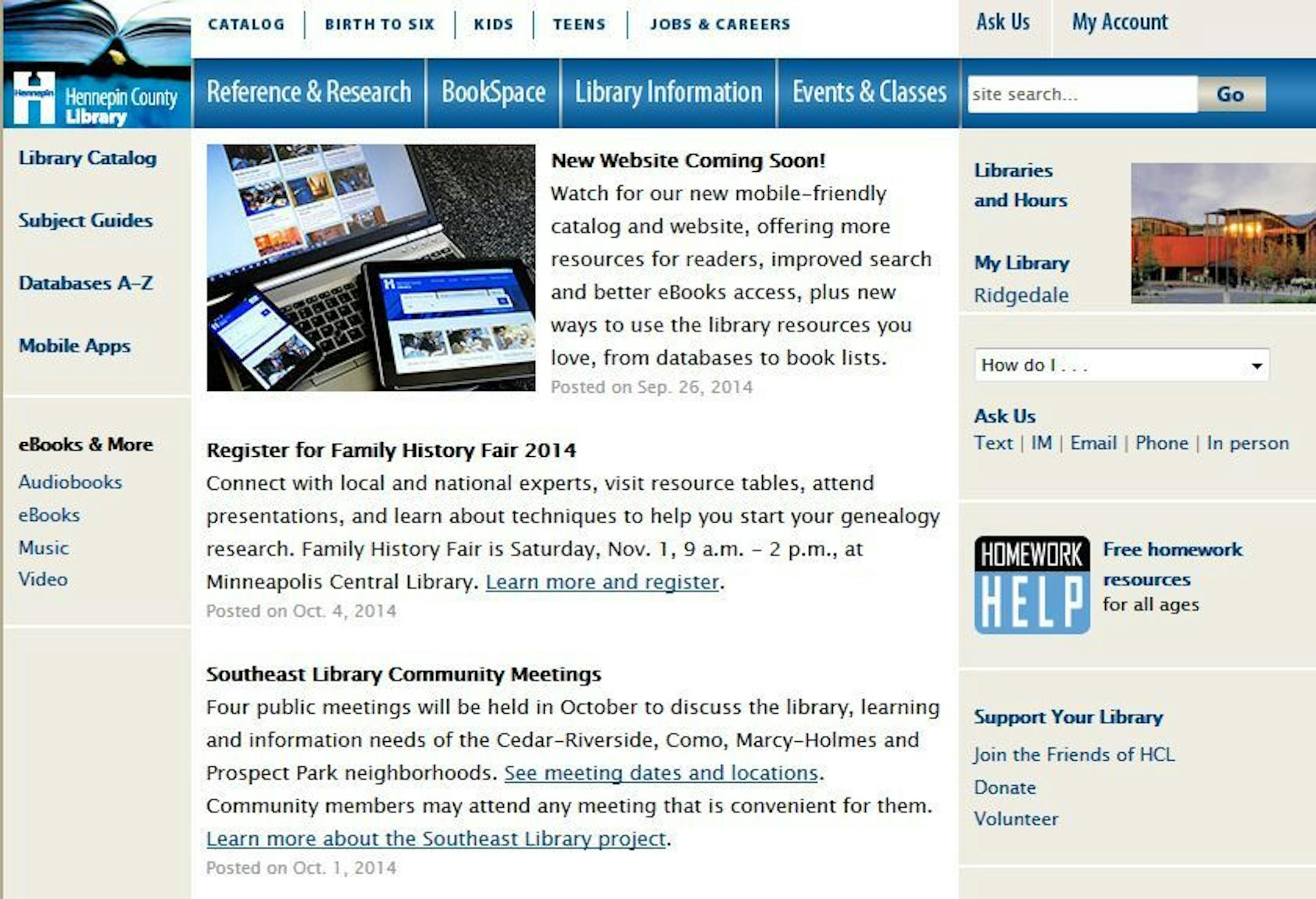 The home page touts the new mobile-friendly catalog and website, "plus new ways to use the library resources you love."