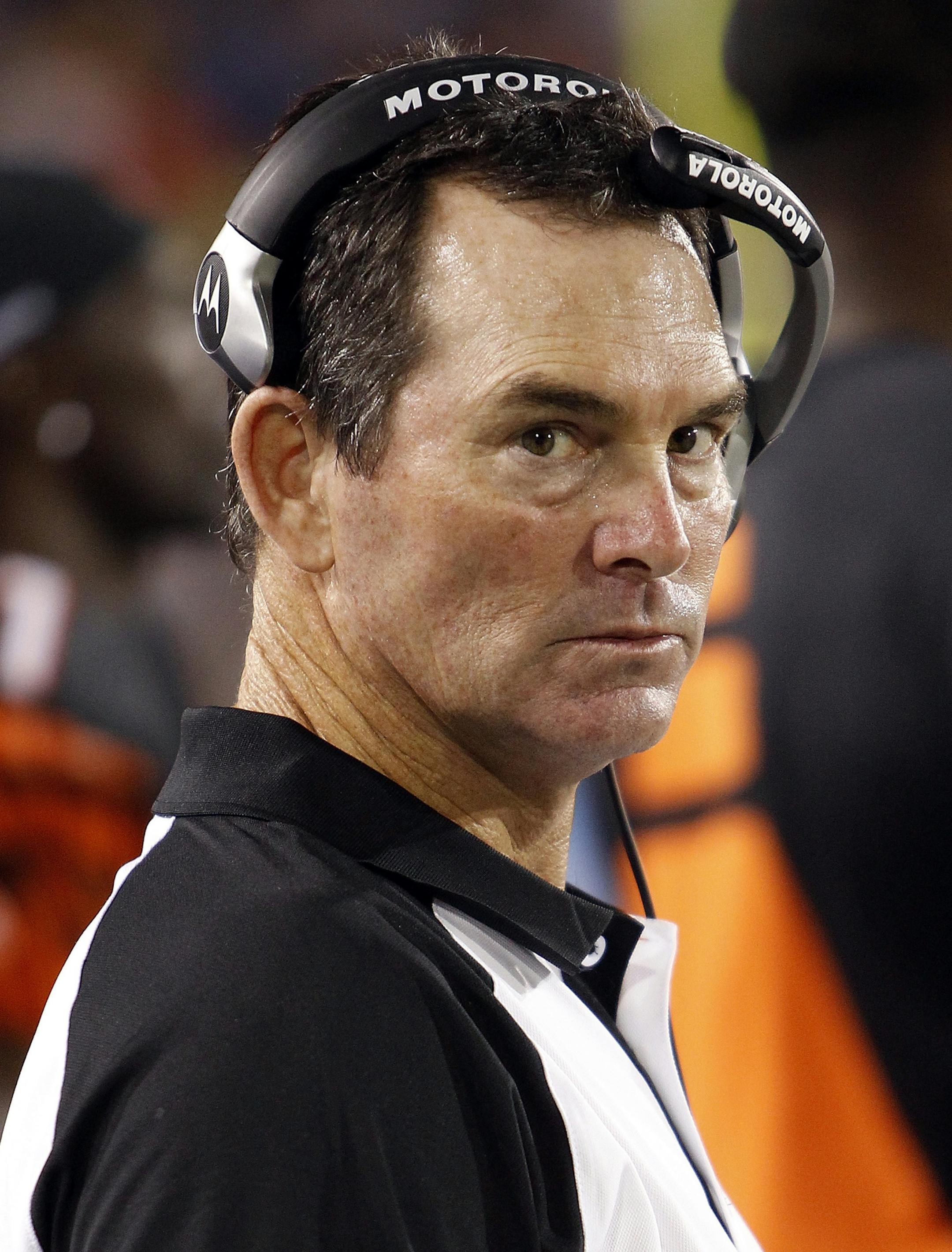 Cincinnati Bengals Defensive Coordinator Mike Zimmer looks on during the NFL Pro Football Hall of Fame preseason football game between the Dallas Cowboys and the Cincinnati Bengals on Sunday, August 8, 2010 in Canton, Ohio. The Cowboys won the game 16-7. (AP Photo/Paul Spinelli)
